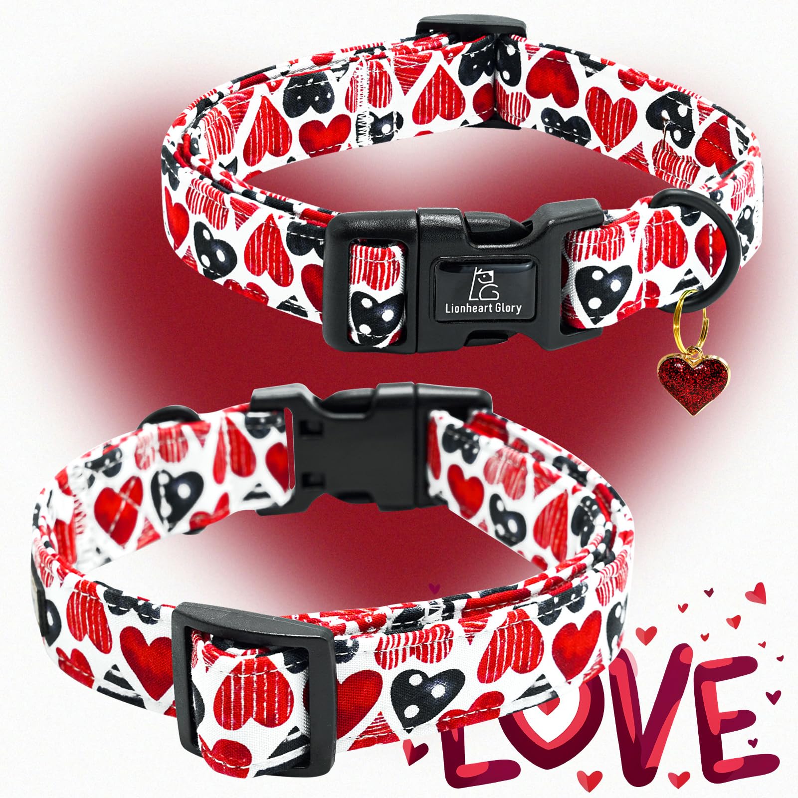 Lionheart Glory Valentine Collar-Red Hearts Dog Collar For X-Small Cute Dog Collars Spring Female Male Pet Gift Adjustable Heavy