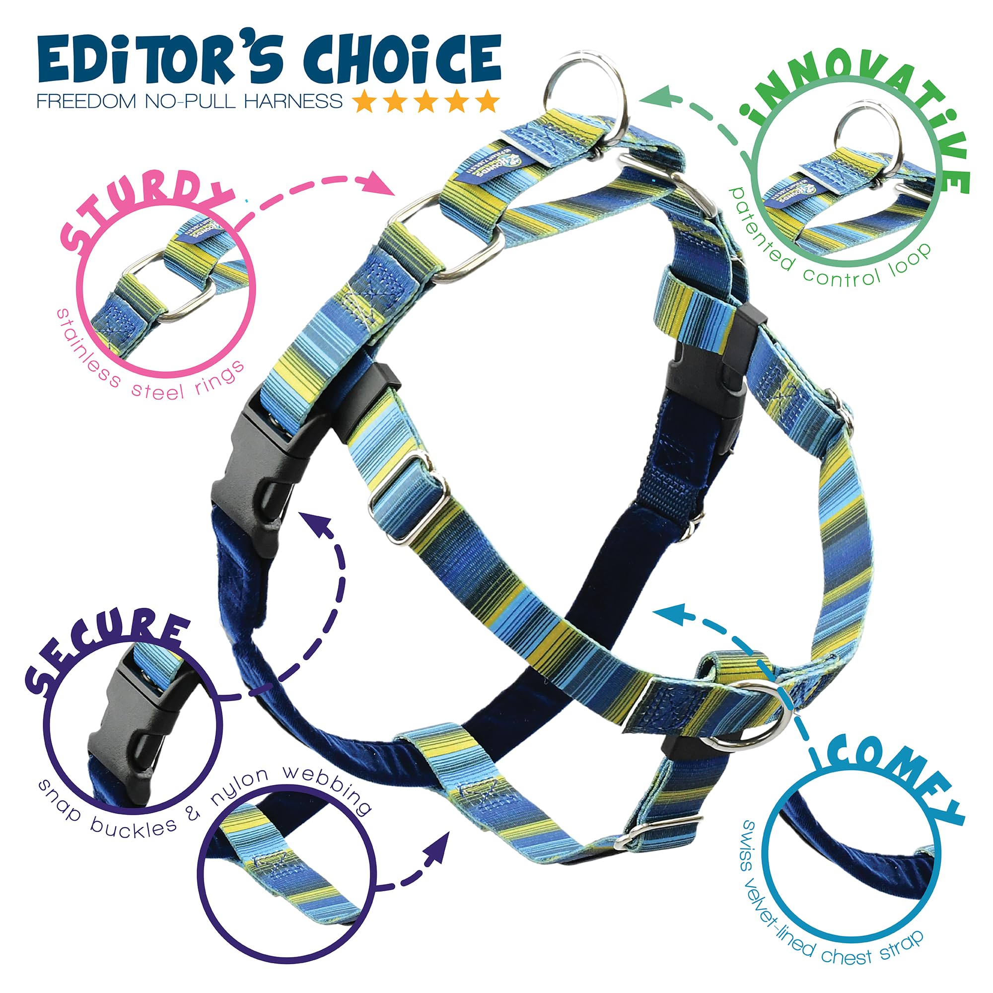 2 Hounds Design - Freedom No-Pull Harness & Training Leash In Blue And Green | Dual Leash Loops, No Pulling On Walks | Lined To