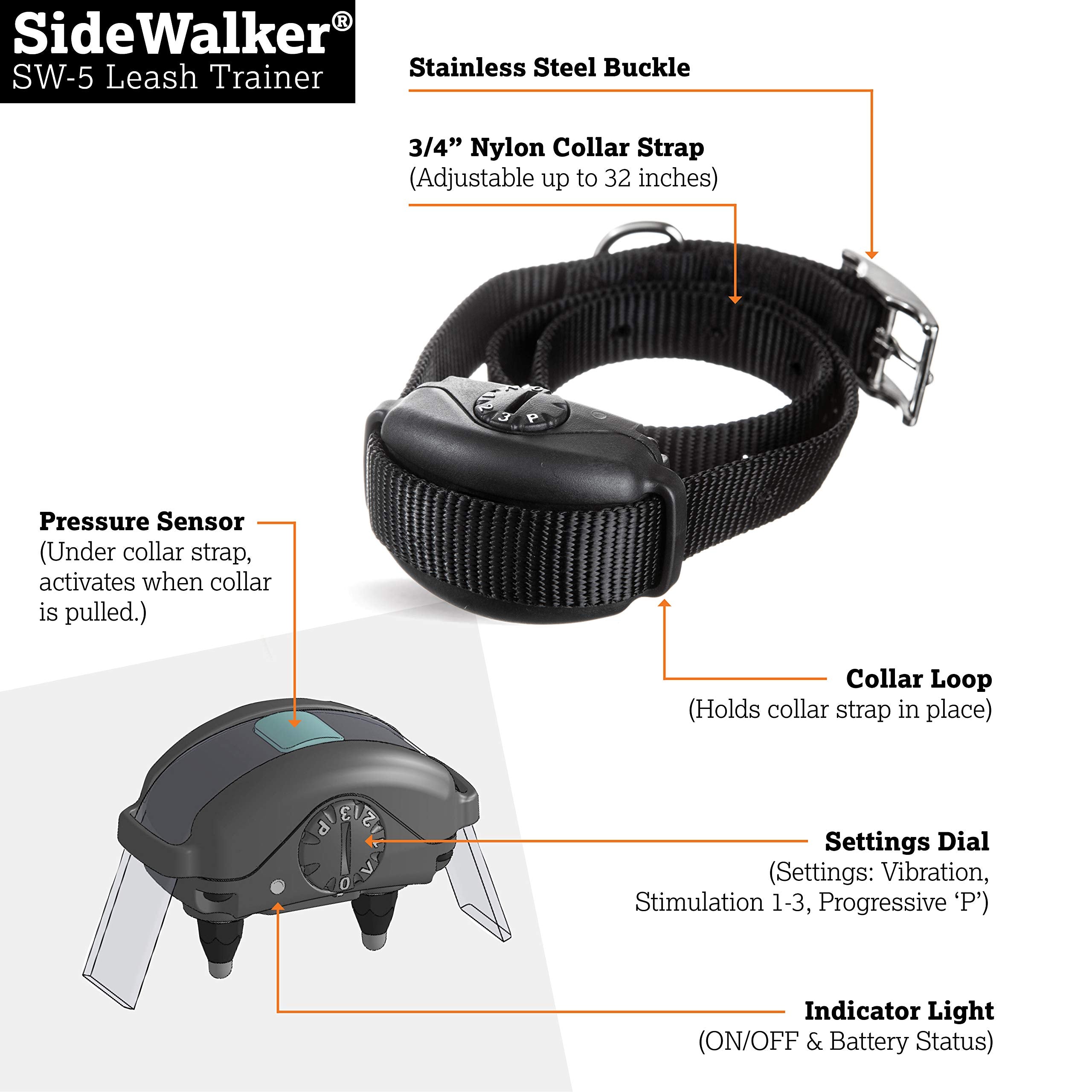 DogWatch SW-5 Black Dog Leash Trainer - No Pull Electronic Collar, 3 Static Levels, Vibration, Rechargeable, Waterproof, All Sizes