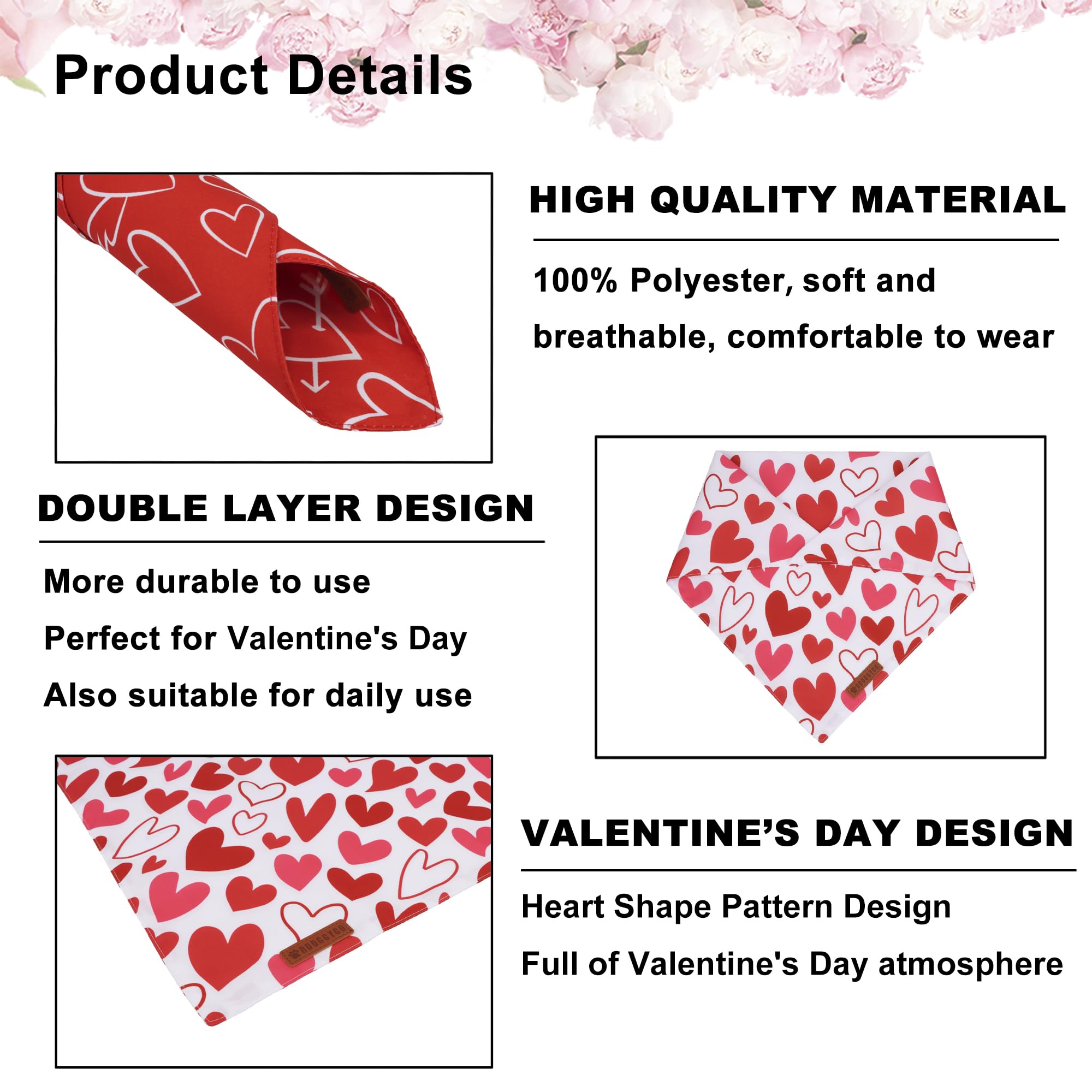 ADOGGYGO Valentine Dog Bandanas, Red Pink Heart Pet Scarf, Multi Size Offered, White Red Valentine Bandana for Medium Large Dogs