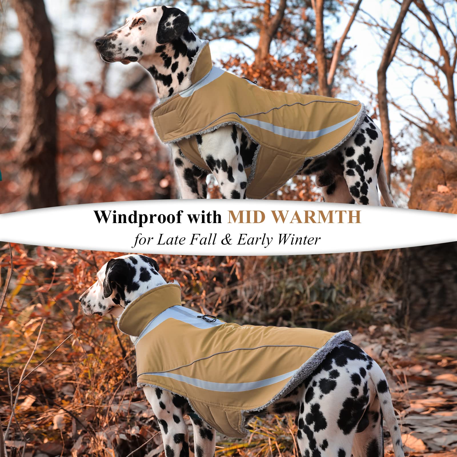Vivaglory Dog Coat - Lightweight Cozy Fleece Lined Jacket For Late Autumn And Early Winter, Water Resistant, Khaki