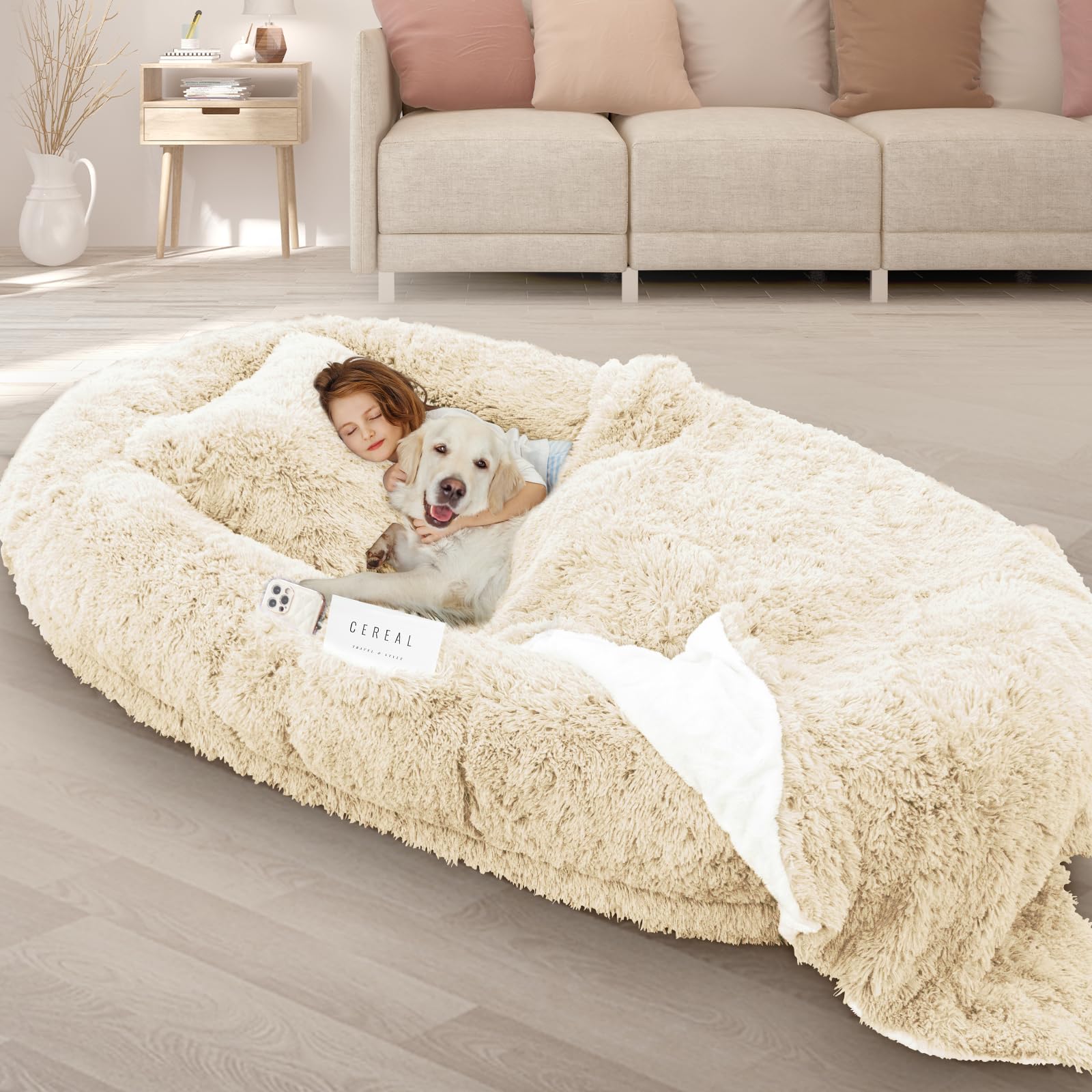 Roomtec Human-Sized Dog Bed With Memory Foam And Waterproofing, 71''X45''X12'' Size Fits Adult And Large Dogs, Beige, Plush, Fau