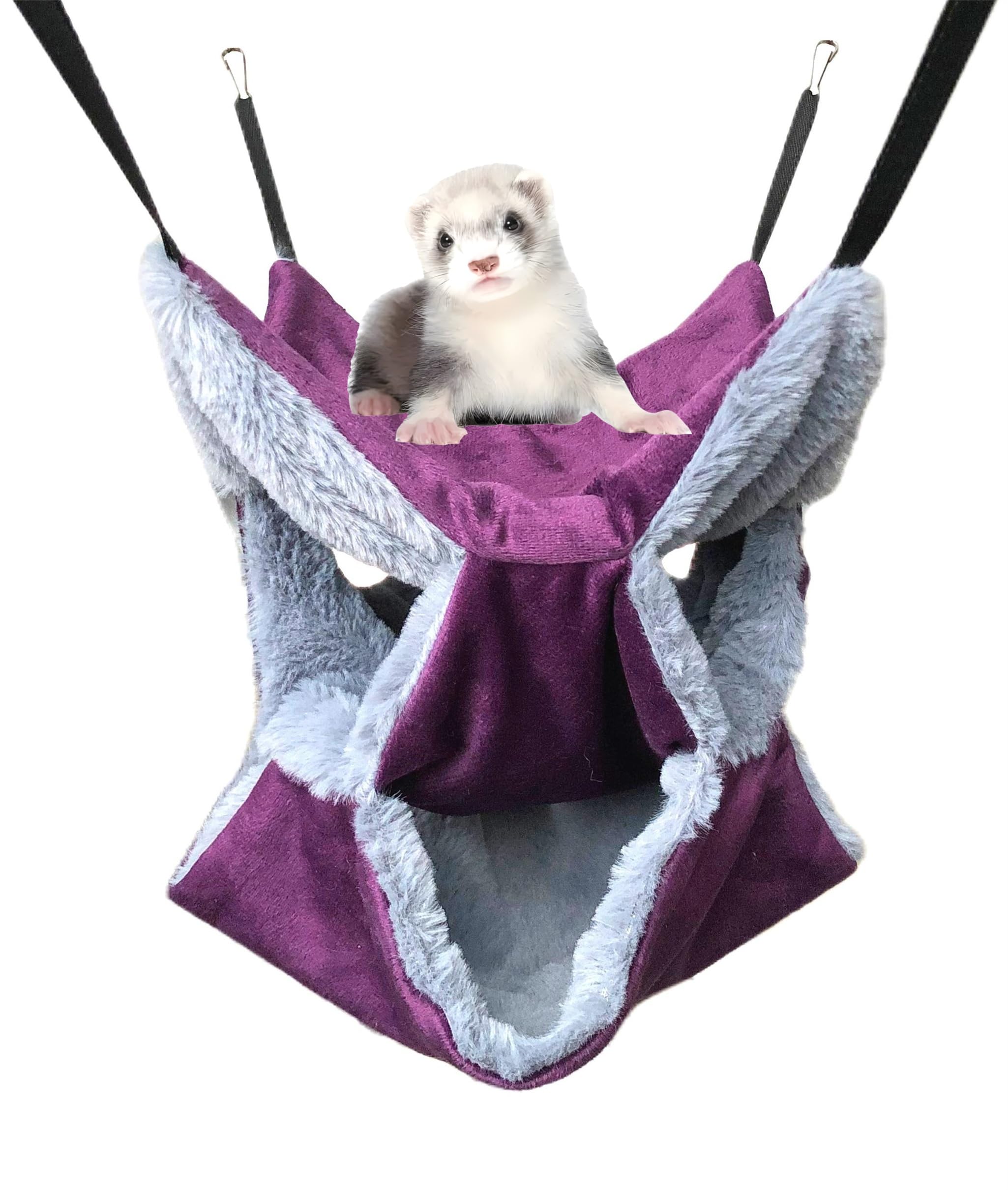 Vedem Small Animals Warm Plush Triple Bunkbed Cage Hanging Hammock Bed Hideout For Sugar Glider Ferret Squirrel (Purple/Grey)