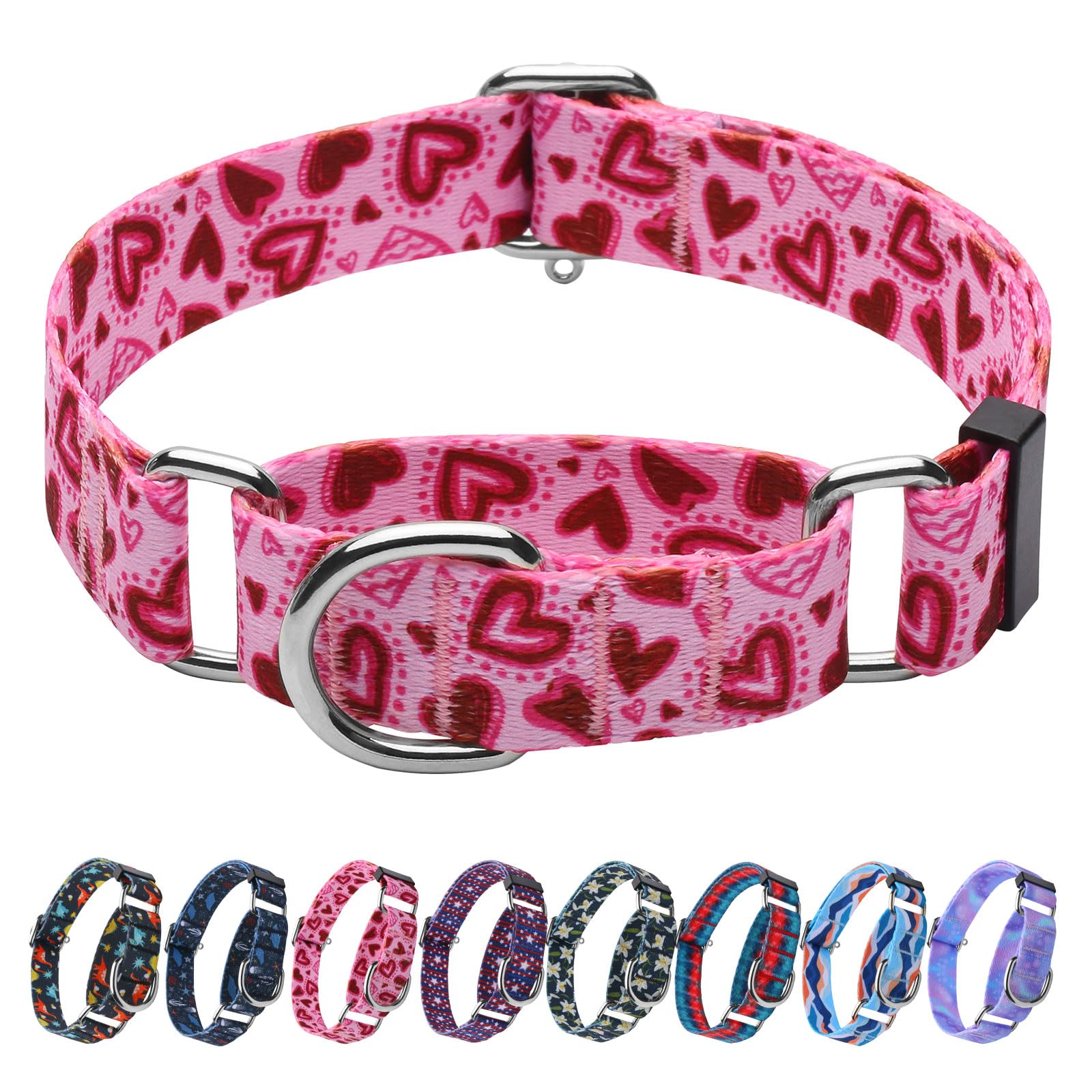 Hikiko Pink Heart Martingale Dog Collar With No Buckle Pretty Cute Valentines Dog Collar For Small Dogs,Love,S