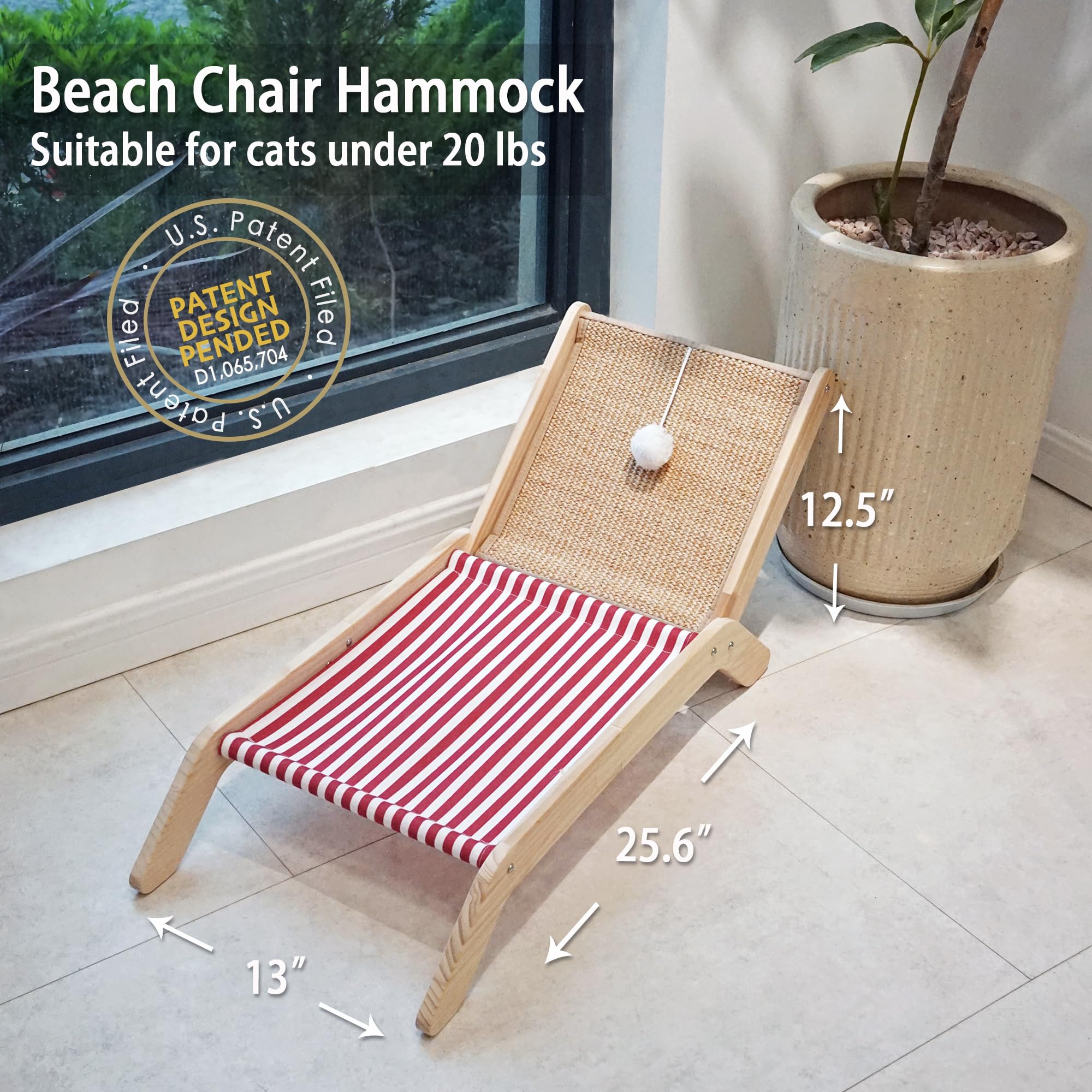Petkaray Beach Chair Cat Hammock, Elevated Cat Beds For Indoor Cats, Original Cozy Cat Lounger With Sisal Scratcher And Toy Ball
