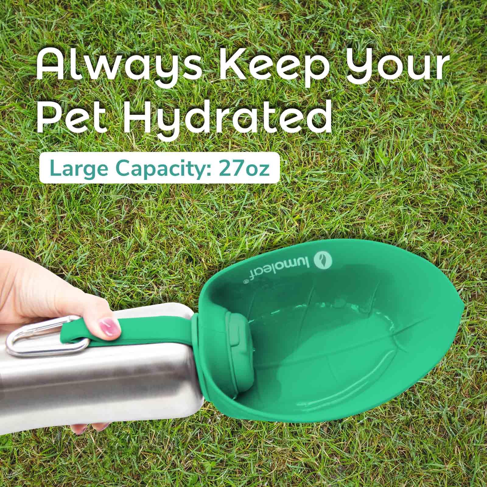 LumoLeaf Portable Dog Water Bottle 27oz - Stainless Steel Dispenser for Large Dogs, Green, Model LLDWB27B
