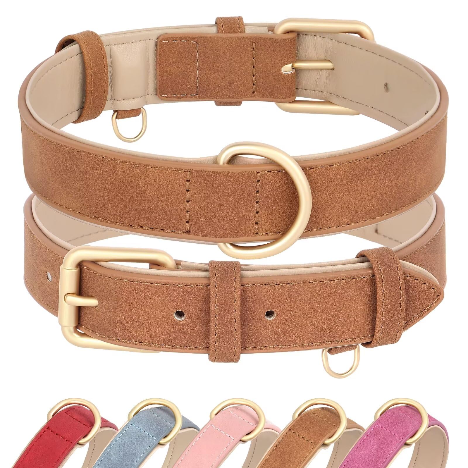 Didog Soft Padded Leather Dog Collar, Adjustable Dog Collars For Medium Dogs With Heavy Duty Metal Buckle And D Ring,Brown,M