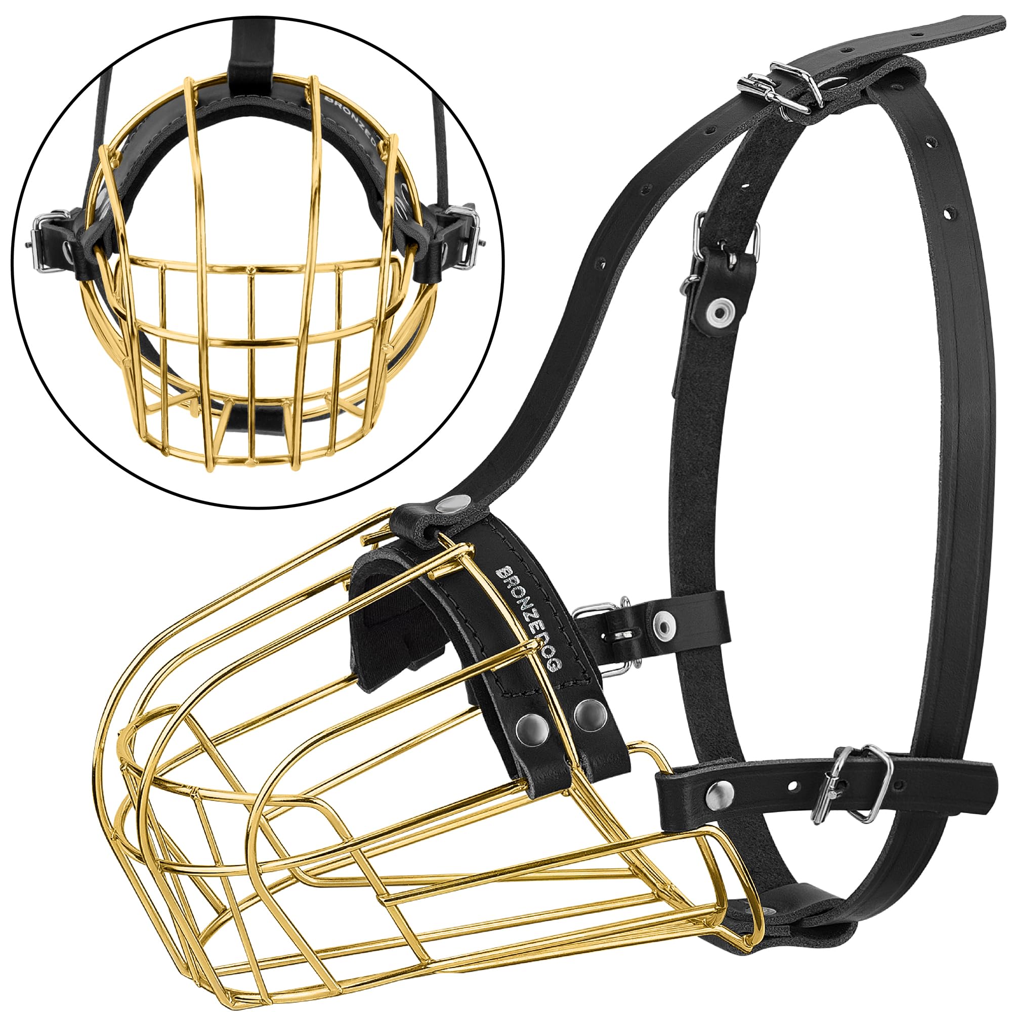 Bronzedog Pitbull Dog Muzzle Metal Mask Amstaff Wire Basket Pit Bull Adjustable Leather Straps For Large Dogs (Gold)