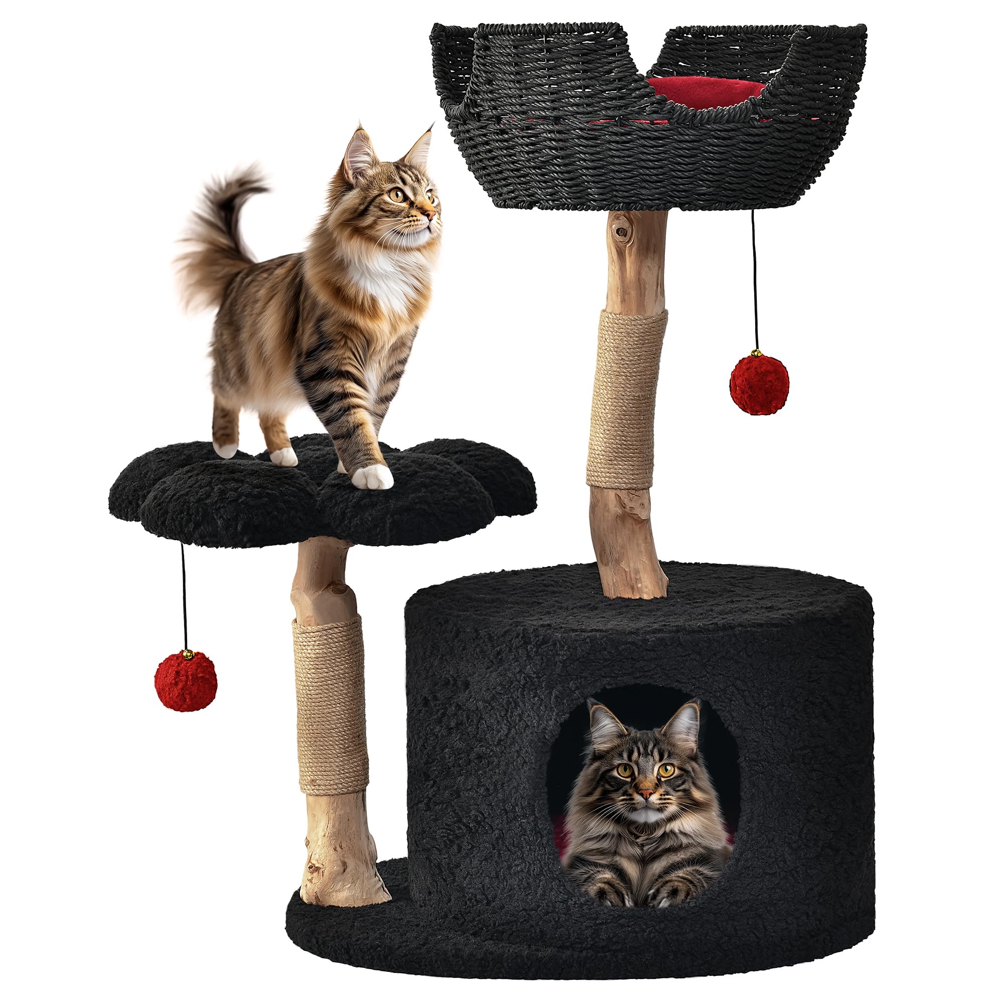Easyego Modern Cat Tree, Aesthetic Wood Cat Tree Tower for Large Cats, Luxury Cat Condo with Scratching Posts and Flower Platfor
