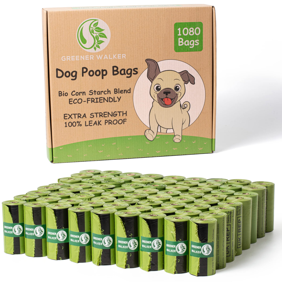 Greener Walker Poop Bags For Dog Waste-1080 Bags,Extra Thick Strong 100% Leak Proof Biodegradable Dog Waste Bags (Green)