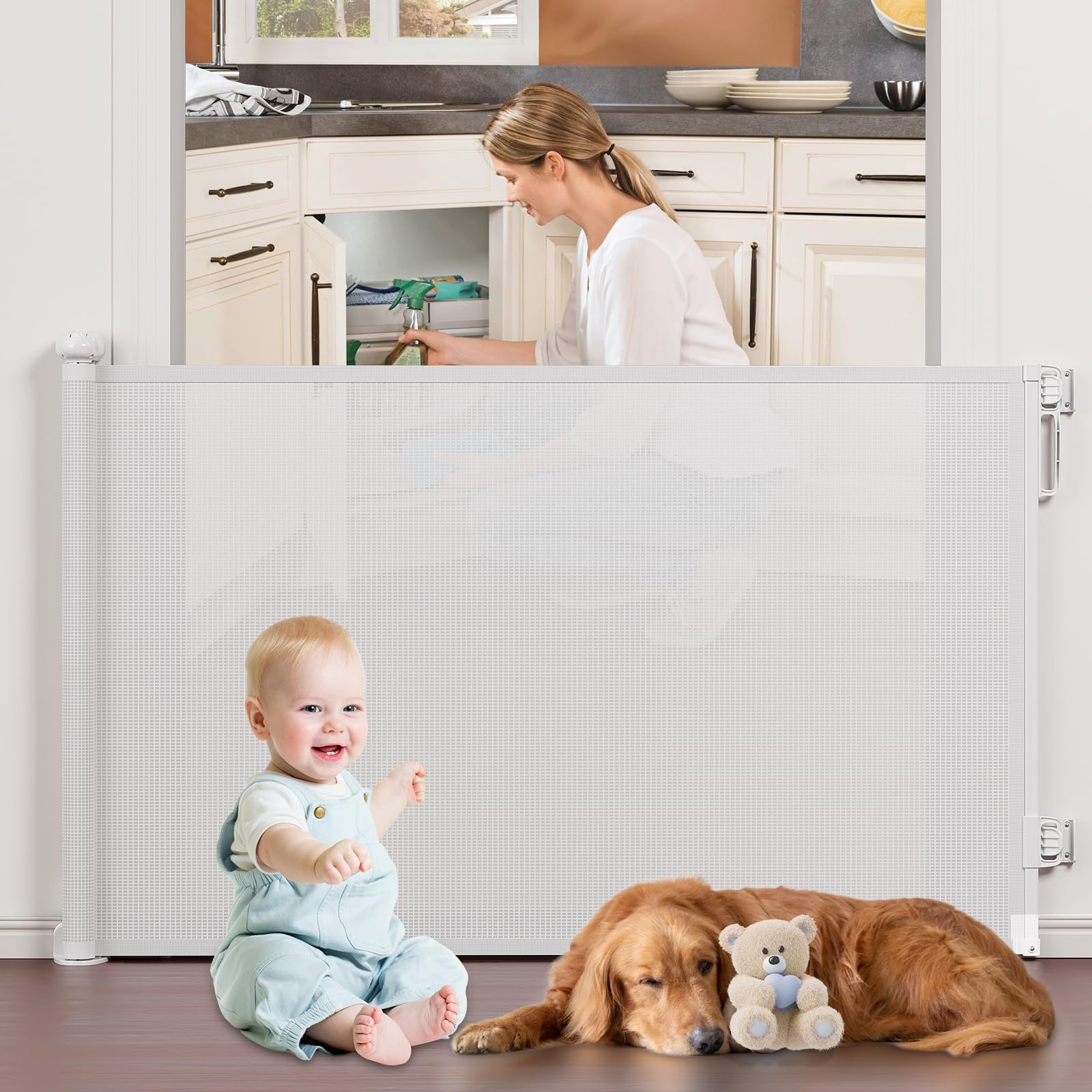 Retractable Baby Gates Extra Wide, Probebi Retractable Dog Gate For The House Extends To 72' Wide 34' Tall, Gates For Baby Indoor, Stair Gate For Outdoor, Staris, Hallways, Doorways, Deck, Porch