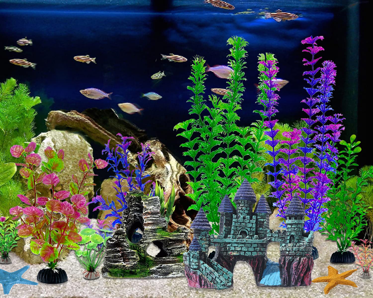 Mechpia 13 Pieces Aquarium Decorations Kit, Fish Tank Decorations Set Small Resin Castle and Rockery Betta Fish Cave Hideout Cor