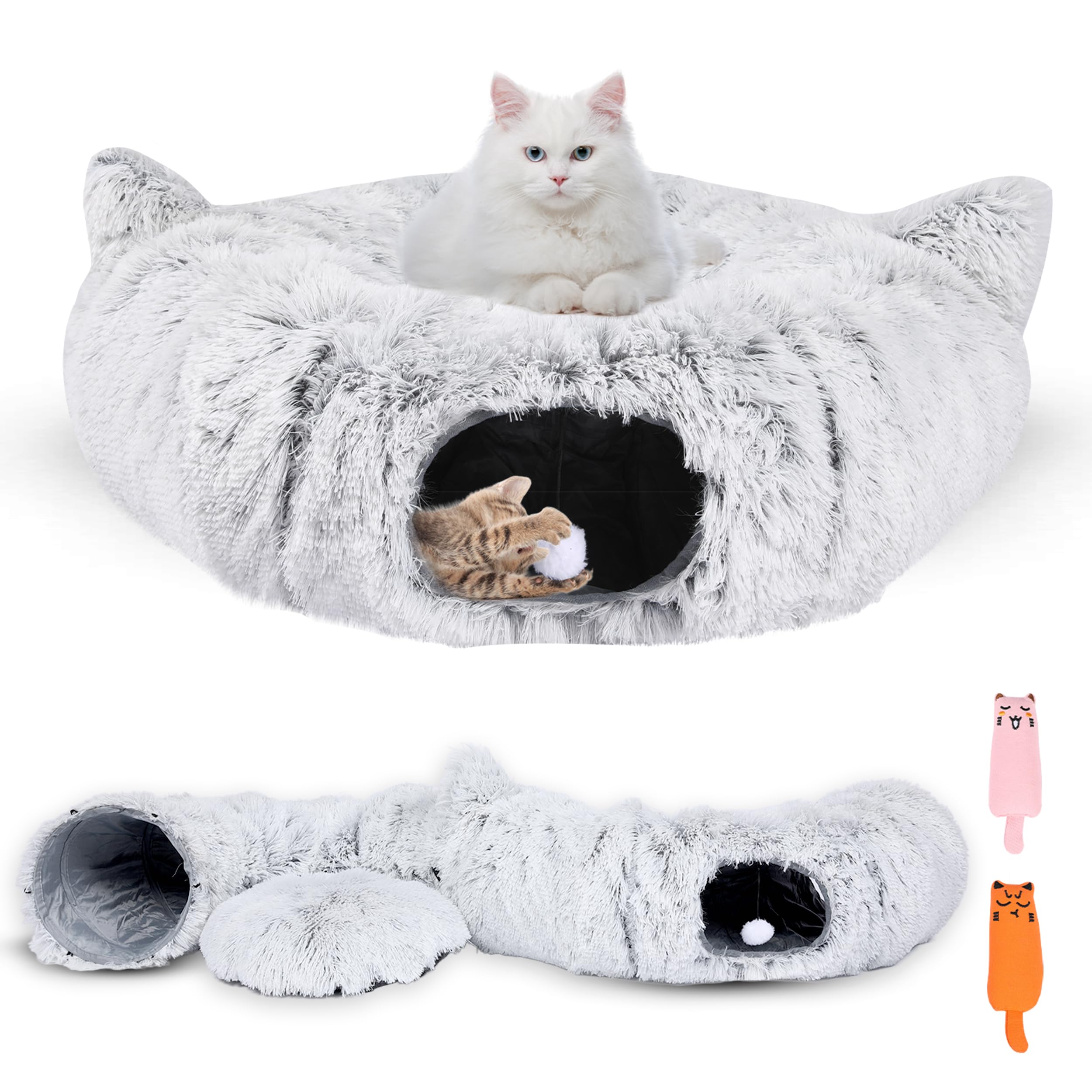 Cat Tunnel Bed With 2 Catnip Toys - 32'' Diameter - Versatile Cat Donut Tunnels For Indoor Cats - Cozy Cat Furniture - Foldable 