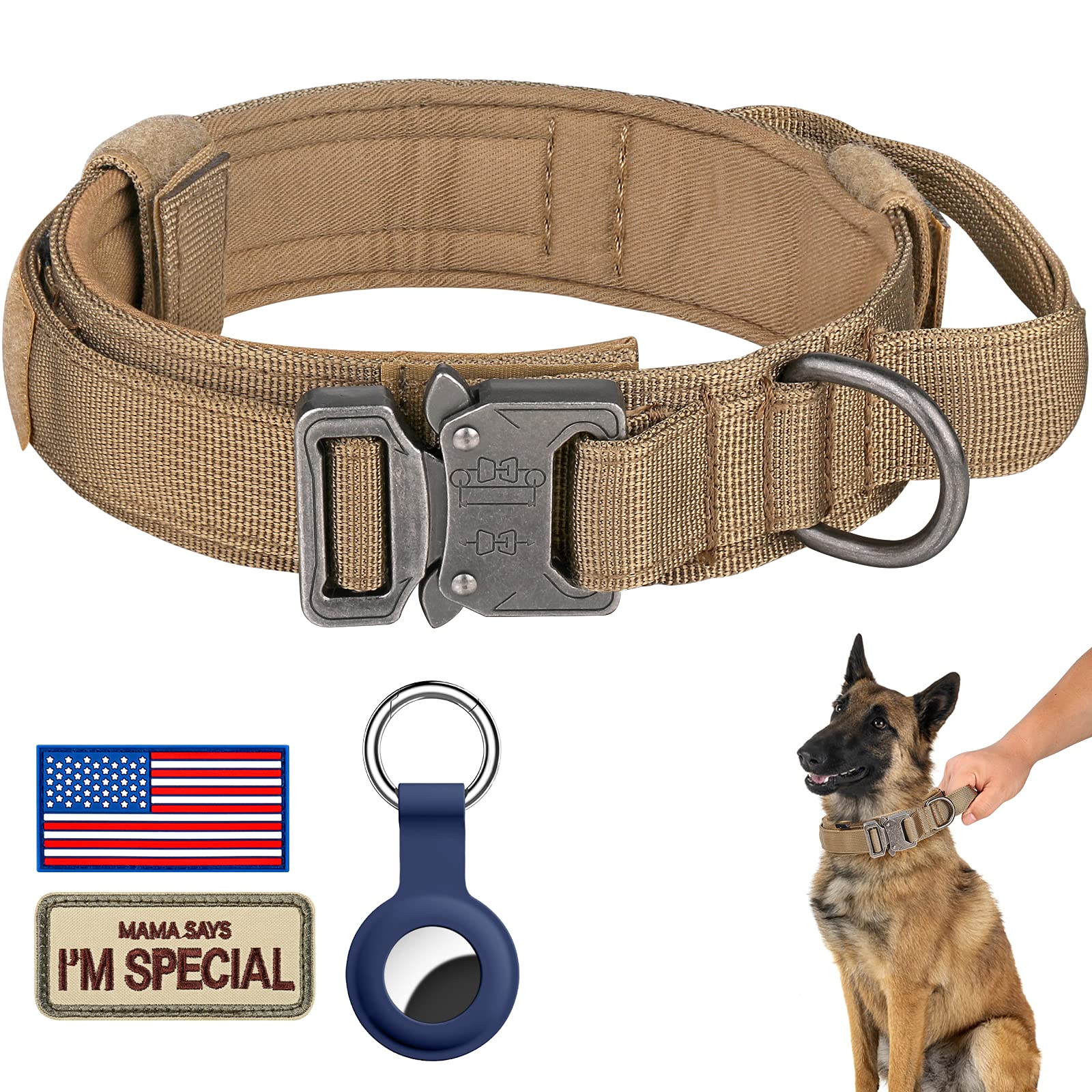 Daganxi Tactical Dog Collar, Adjustable Military Training Nylon Dog Collar With Control Handle And Heavy Metal Buckle For Medium And Large Dogs, With Patches And Airtags Case (M, Brown)