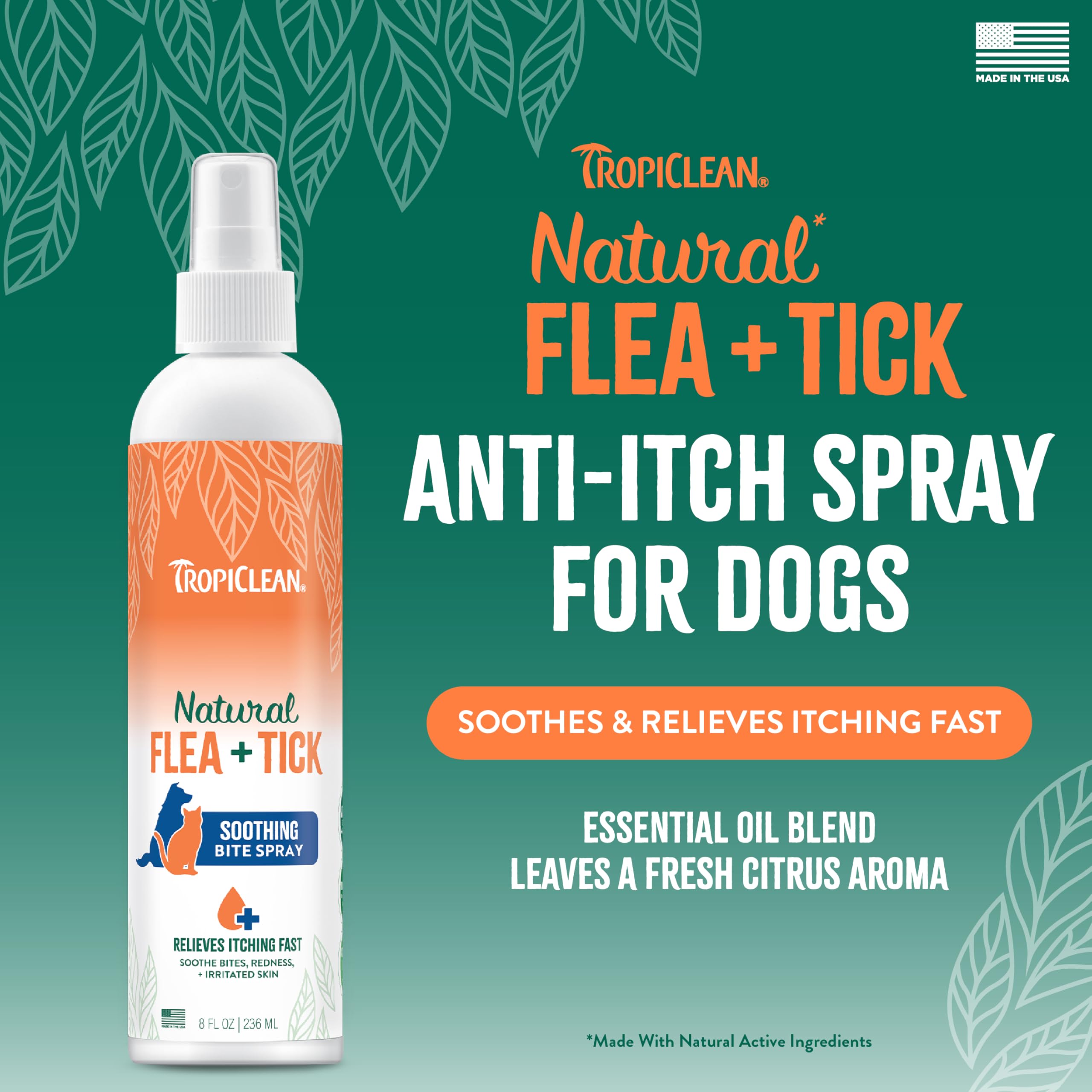 TropiClean Flea and Tick Bite Relief Treatment Spray for Dogs & Cats, Advanced Care Itch Relief Spray, Made in USA, 8oz