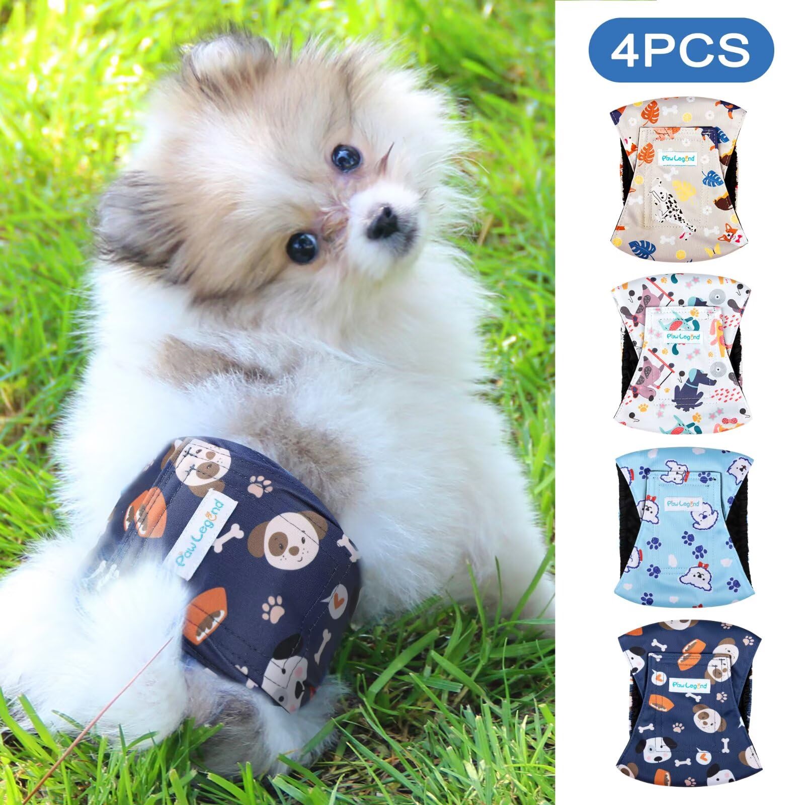 Paw Legend Washable Dogs Diapers Male Dog Belly Bands for Male Dogs Diapers Reusable Puppy & Doggie Diapers Male (4 Pack, Small)