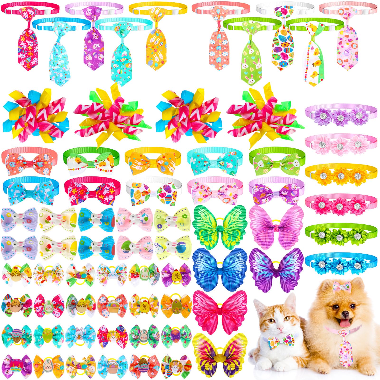 Reginary 70 Pcs Easter Dog Bow Ties Collar Set Adjustable Grooming Hair Bows Rabbit Eggs Butterfly Rhinestone Pattern Neckties F