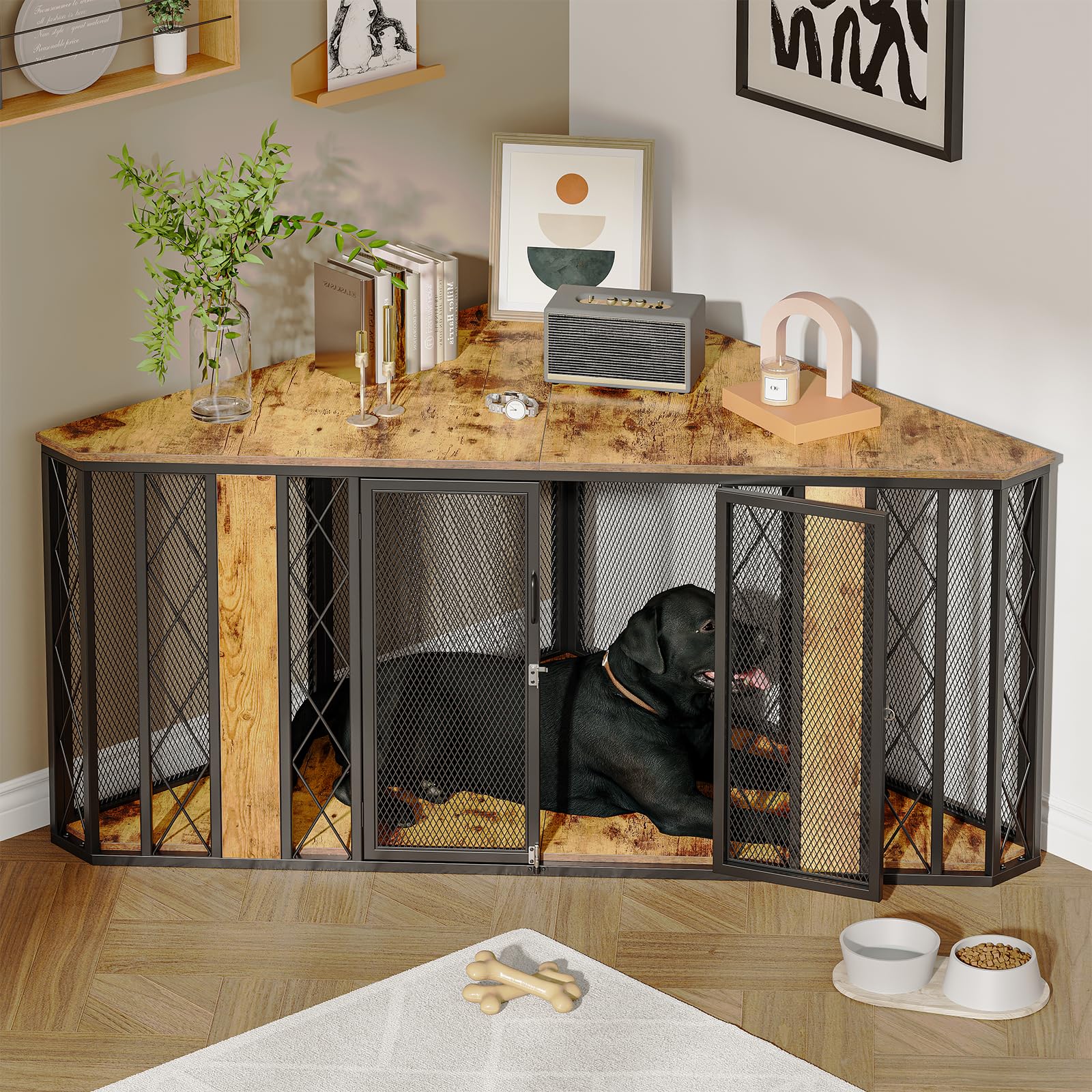 ?????????????? 67  XL Corner Dog Crate Furniture, Large Wooden Dog Kennel Furniture with 2 Doors, Decorative Dog Crate, Dog Kenn