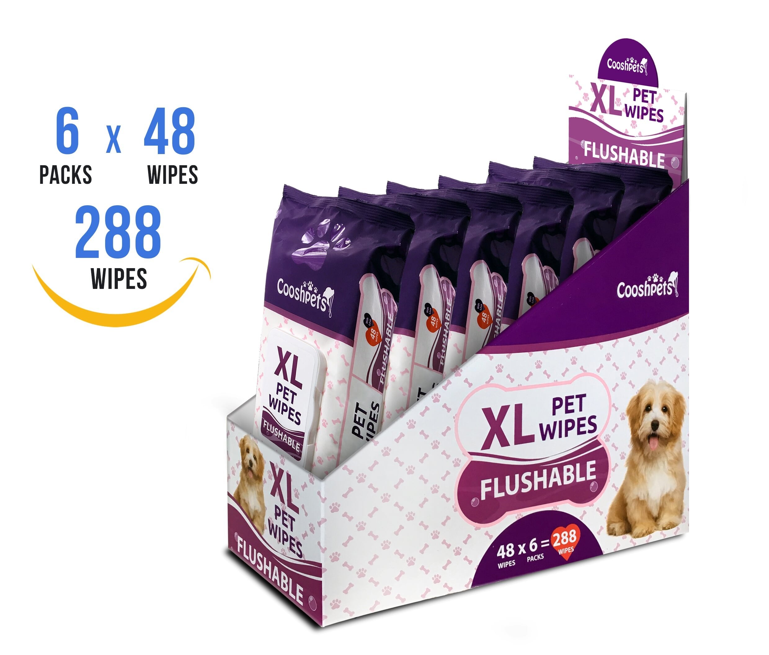 Cooshpets Premium Formulations Xl Flushable Pet Wipes - Deodorizing,Grooming Wipes For Dogs & Cats - Earth-Friendly, Hypoallergenic Value Buy (6 Packs X 48 Wipes = 288 Wipes)