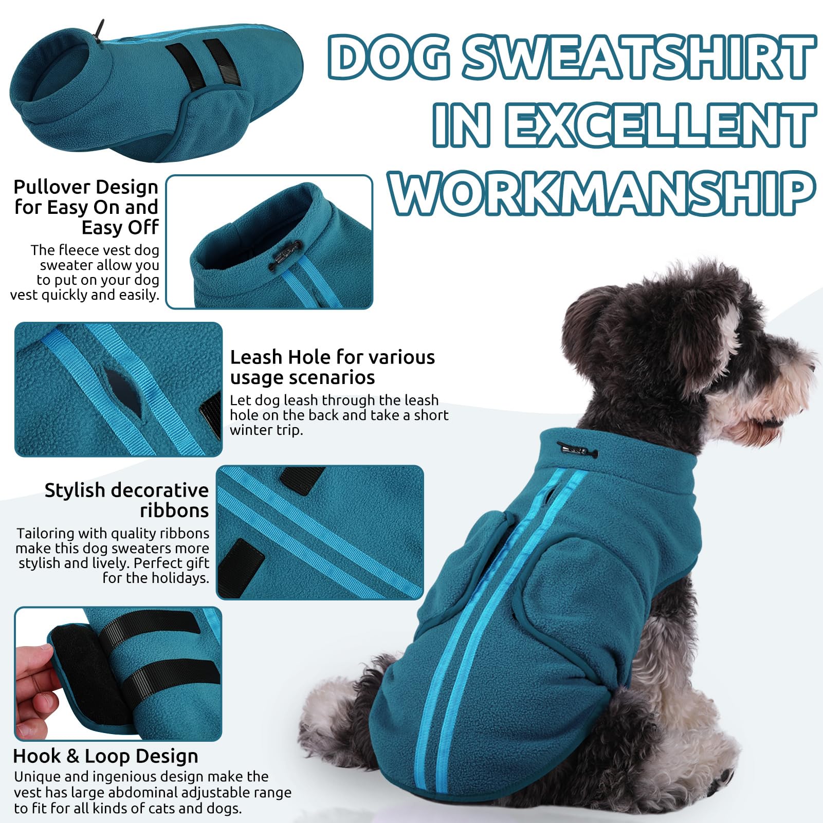 Queenmore Small Dog Sweaters, Soft Fleece Vest Pullover Dog Jacket With Leash Hole, Warm Winter Dog Clothes Cold Weather Doggy Dachshund Sweater For Small Dogs Cats Boy Or Girl (Peacock-Blue, Xs)