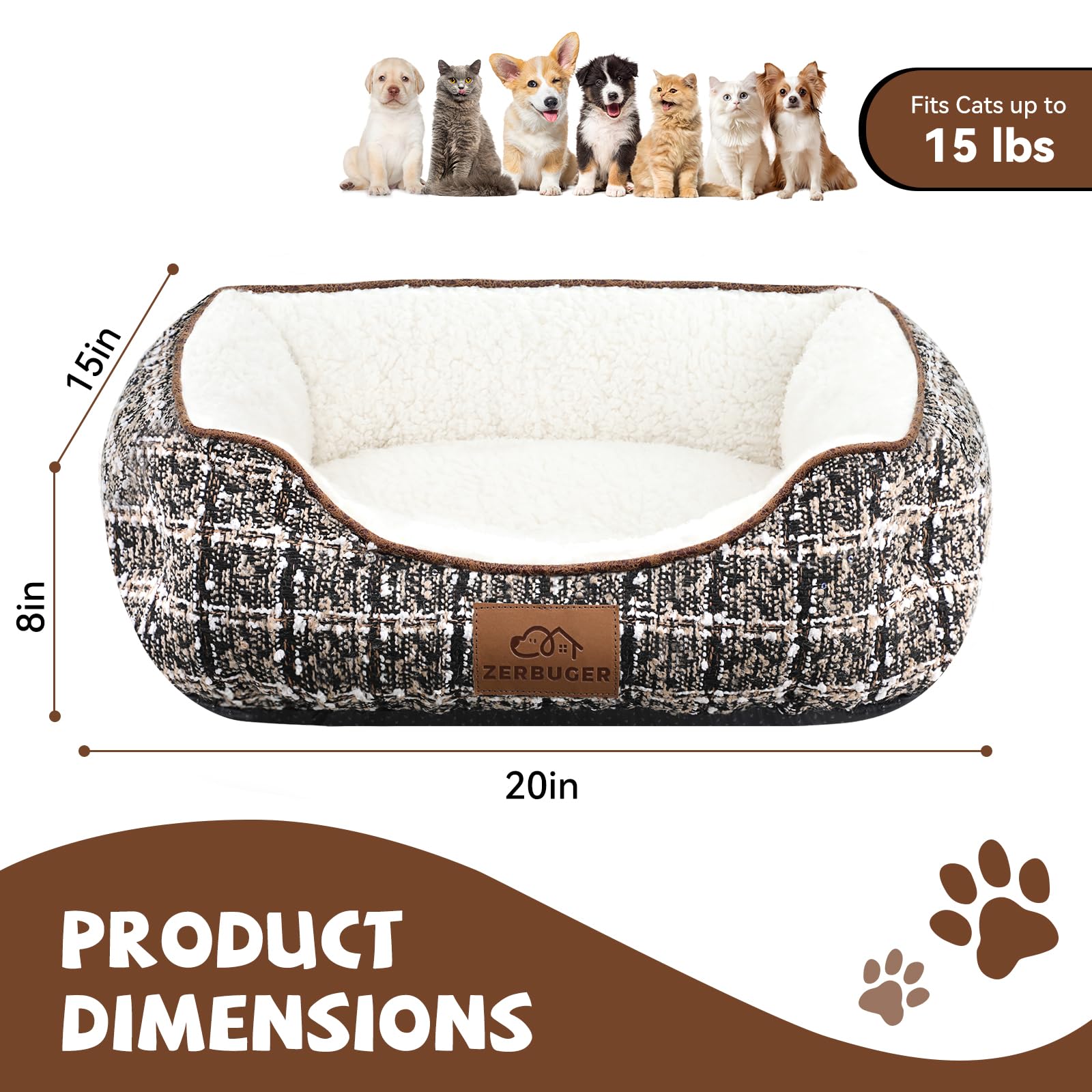 Zerbuger Tweed Rectangle Cat Dog Bed For Medium Small Pets Indoor Outdoor Machine Washable Sleeping Sofa Non-Slip Bottom Soft Pu
