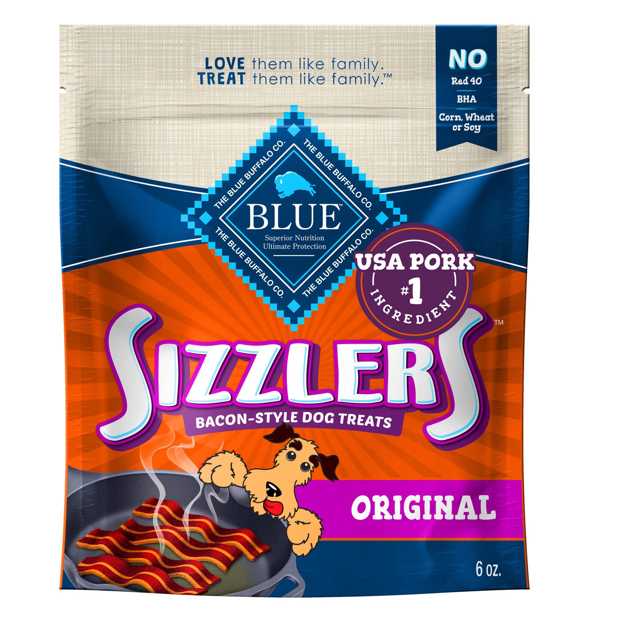 Blue Buffalo Sizzlers Natural Soft Dog Treats, Bacon-Style Soft-Moist Dog Treats with Real USA Pork, Original Flavor, 6-oz Bag