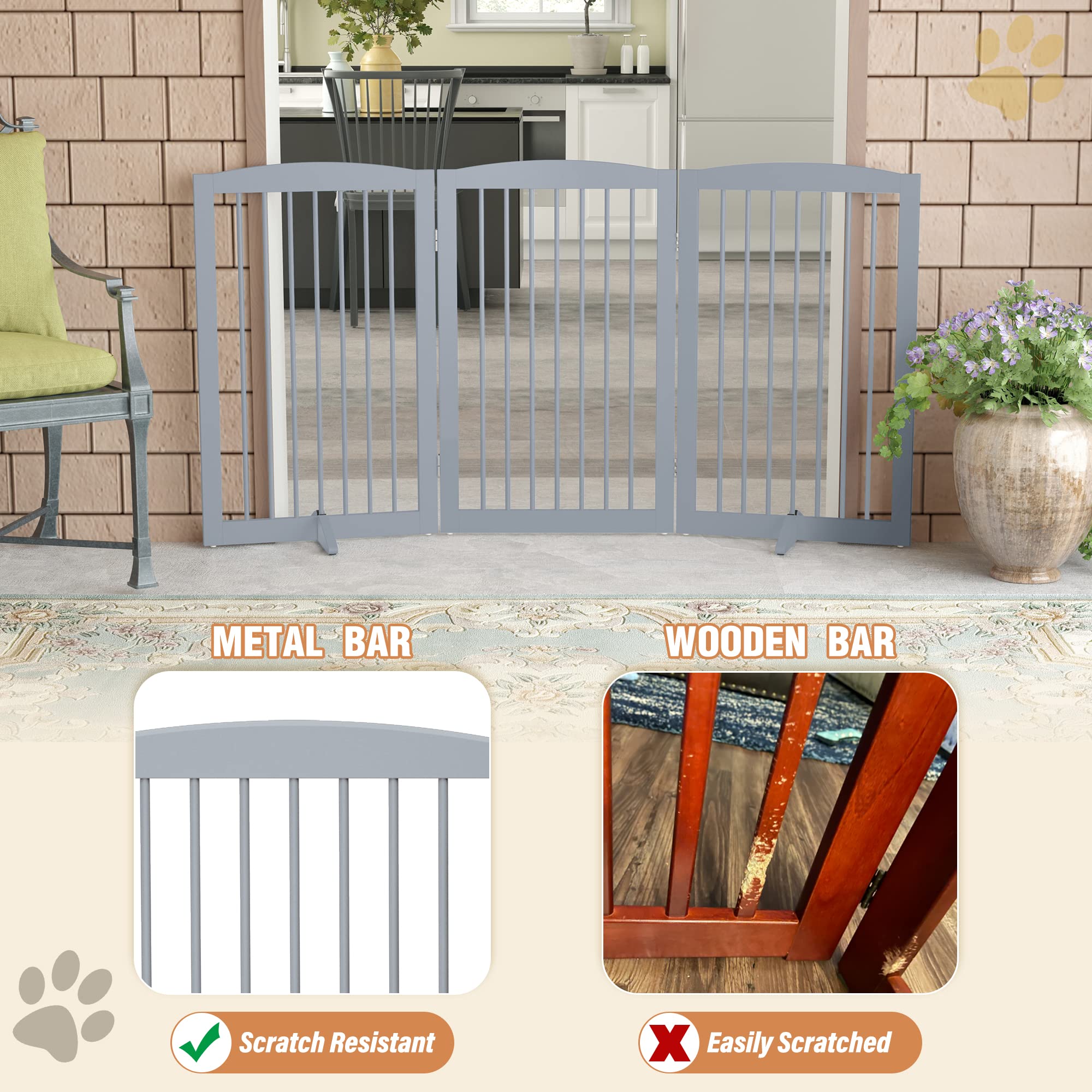 Pupetpo Freestanding Pet Gate For Dogs, Foldable Wooden Dog Gate For House Indoor, Tall Dog Gate For Stair, Doorway,Hall, Step Over Pet Puppy Safety Fence, 3 Panels 32' ,Grey