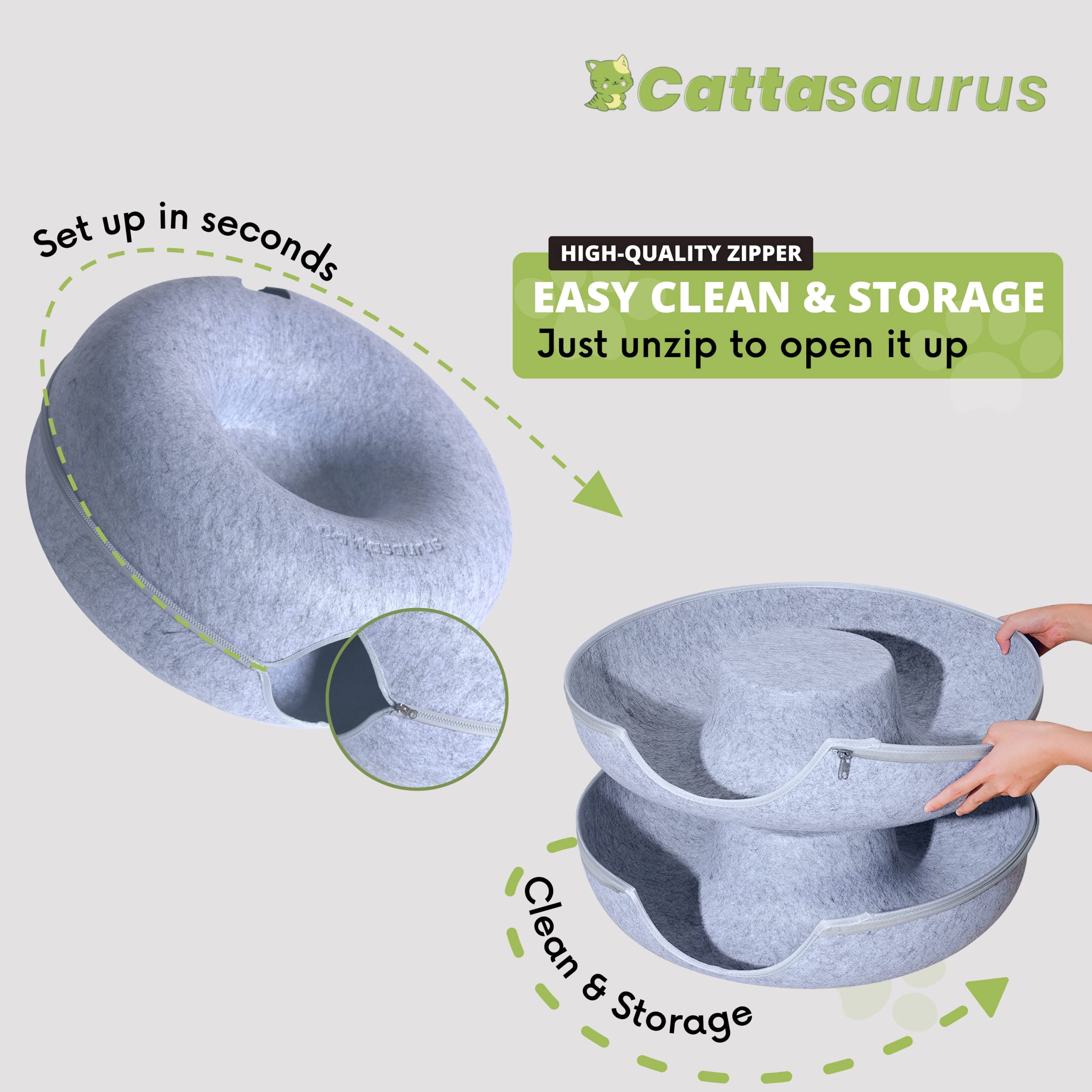 Cattasaurus Peekaboo Cat Cave For Multiple & Large Cats Up To 30-45 Lbs, Scratch Detachable & Washable Tunnel Bed, Comfy Donut Cat Cave (Light Gray, Large)