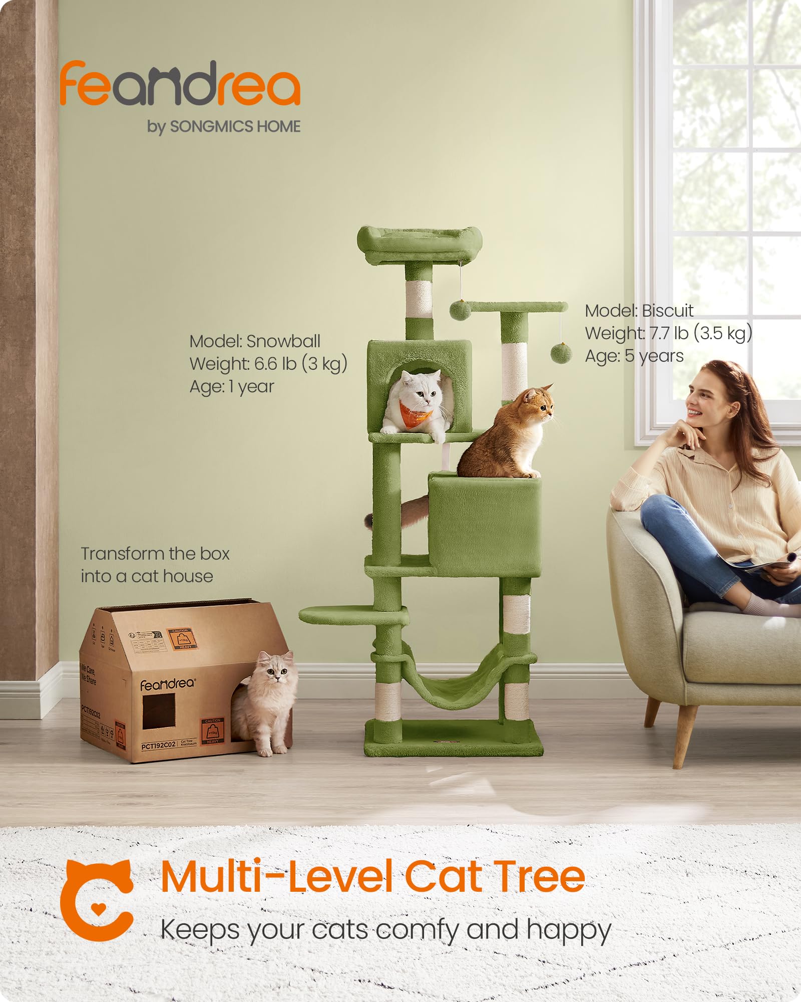 Feandrea Cat Tree, 61-Inch Cat Tower For Indoor Cats, Plush Multi-Level Cat Condo With 5 Scratching Posts, 2 Perches, 2 Caves, H
