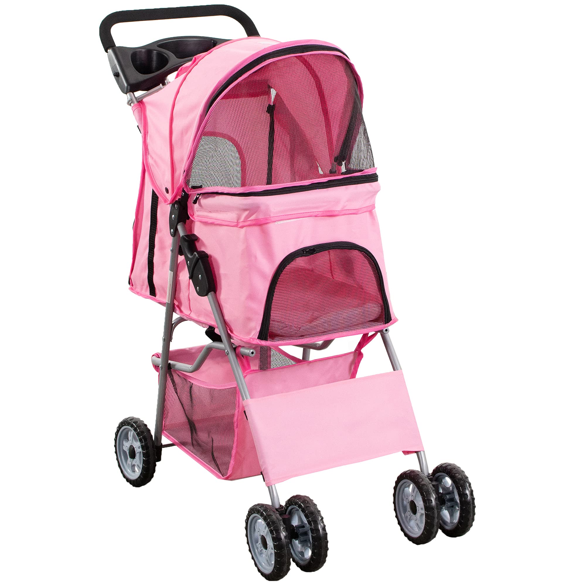 Vivo Pink 4 Wheel Pet Stroller For Cat, Dog And More, Foldable Carrier Strolling Cart, Strolr-V001N