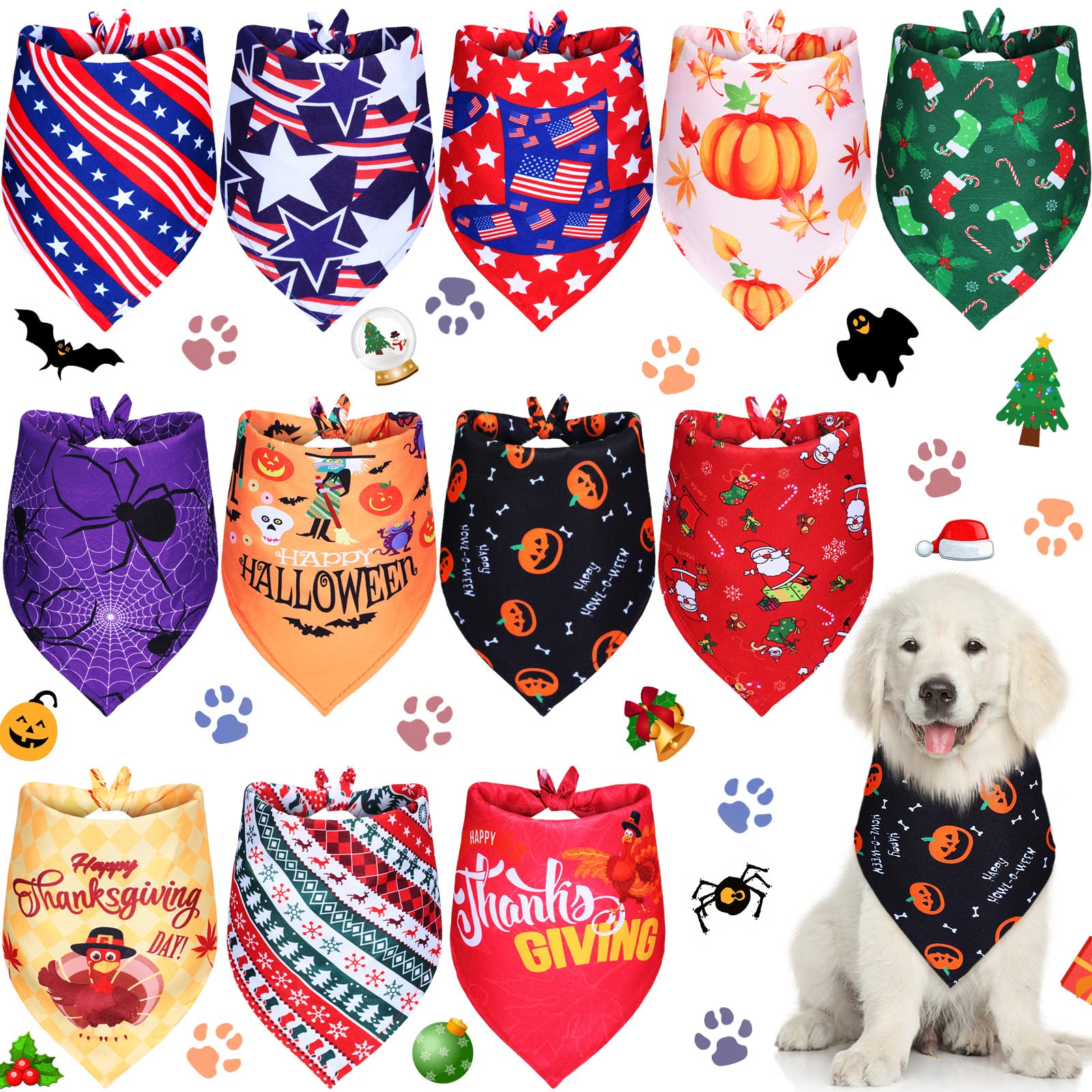 Weewooday 12 Pcs Holiday Dog Bandanas Bulk For Dogs Christmas Dog Bandana Boys Girls Thanksgiving Winter Dog Bandana Holiday Seasonal Dog Bandana Accessories For Small Medium Large Size Dog(Large)