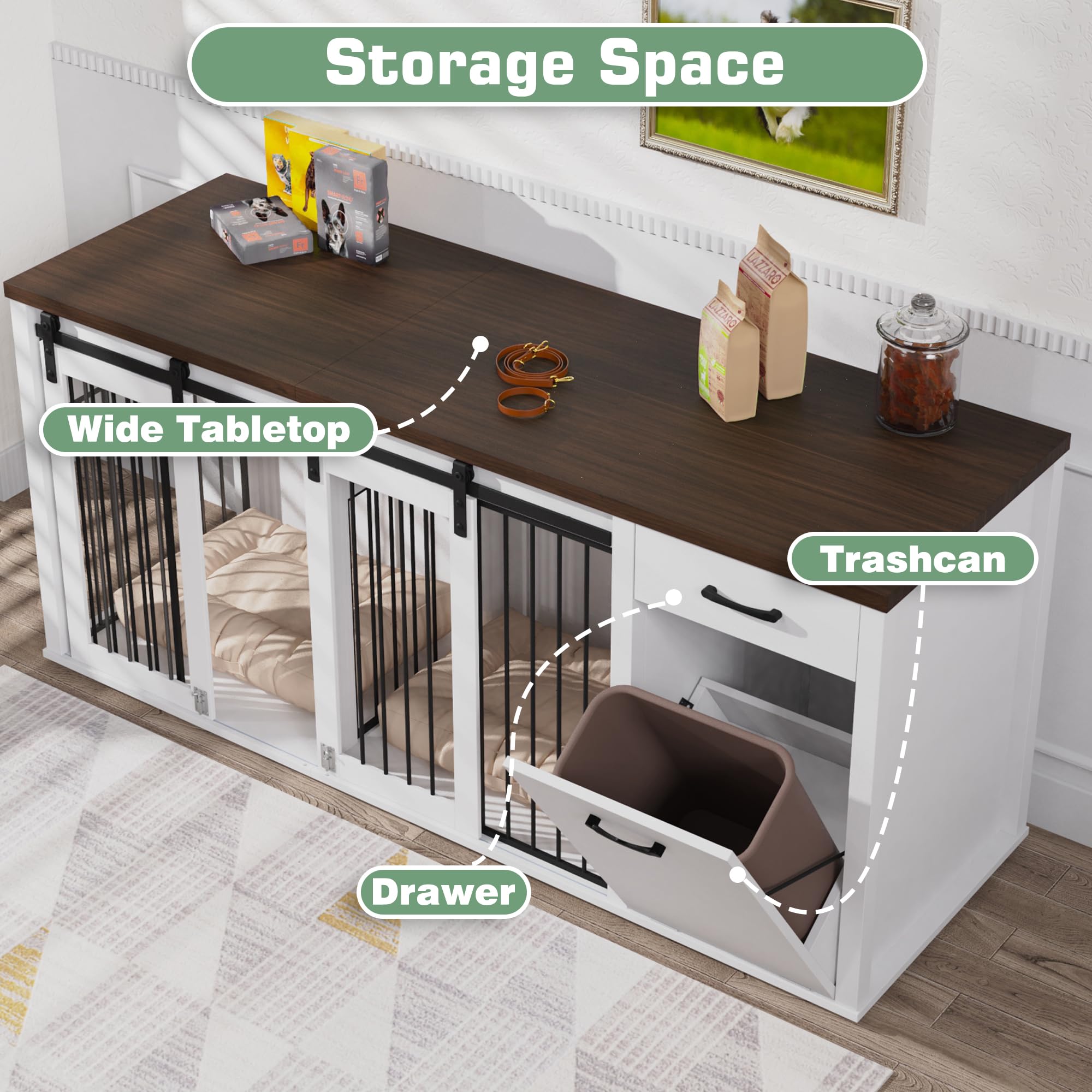 YOCONYO Large Dog Crate Furniture Large Breed,71 Inch Wooden Dog Crate with Tilt Out Trash Cabinet,Drawers,Divider and Sliding B