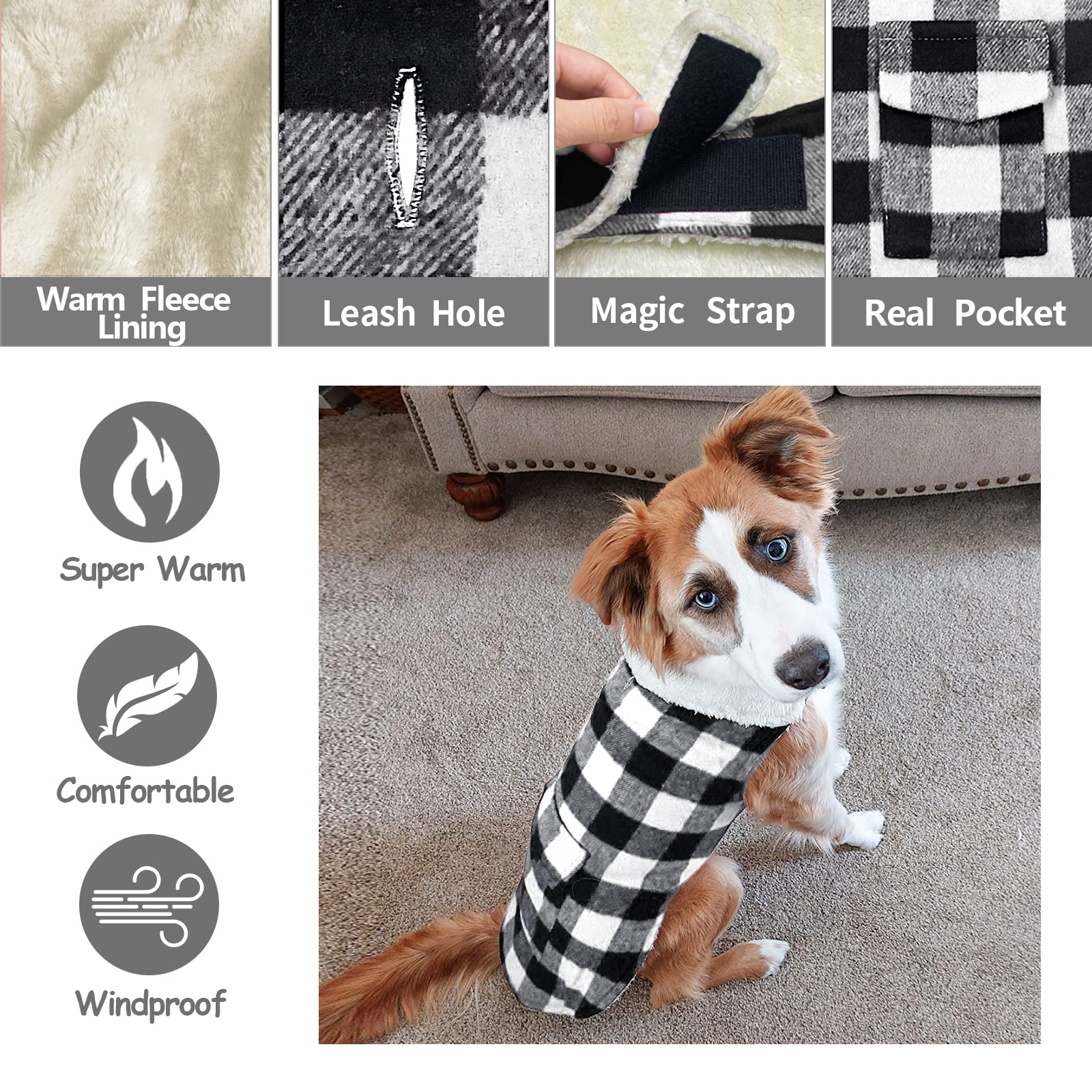Malier Dog Winter Coat, Classic Plaid Fleece Dog Cold Weather Coats Dog Jacket With Pocket, Windprood Warm Dog Coat Vest Winter Pet Clothes Apparel For Small Medium Large Dogs (White, X-Small)