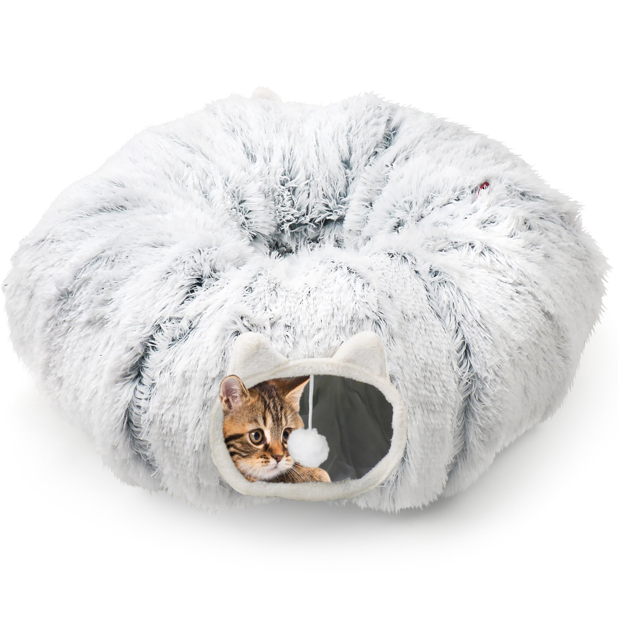 2-In-1 Cat Tunnel Bed For Indoor Cats, Warm Plush Cat Play Donut Tunnel With Washable Circle Cushion, Round Pet Peekaboo Cave To