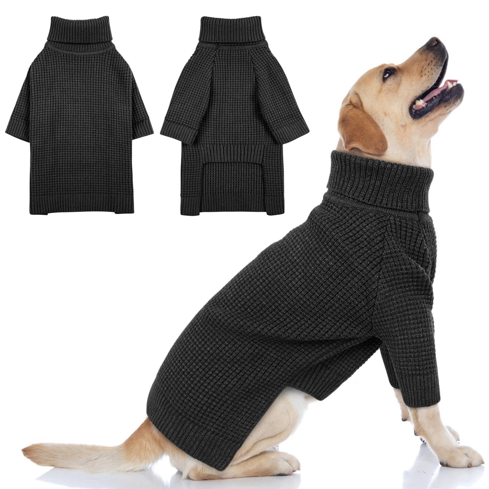 Queenmore Dog Turtleneck Long Sleeve Knitted Pet Sweater With Check Pattern - Fall Winter Warm Dog & Cat Sweater, Charcoal Gray 