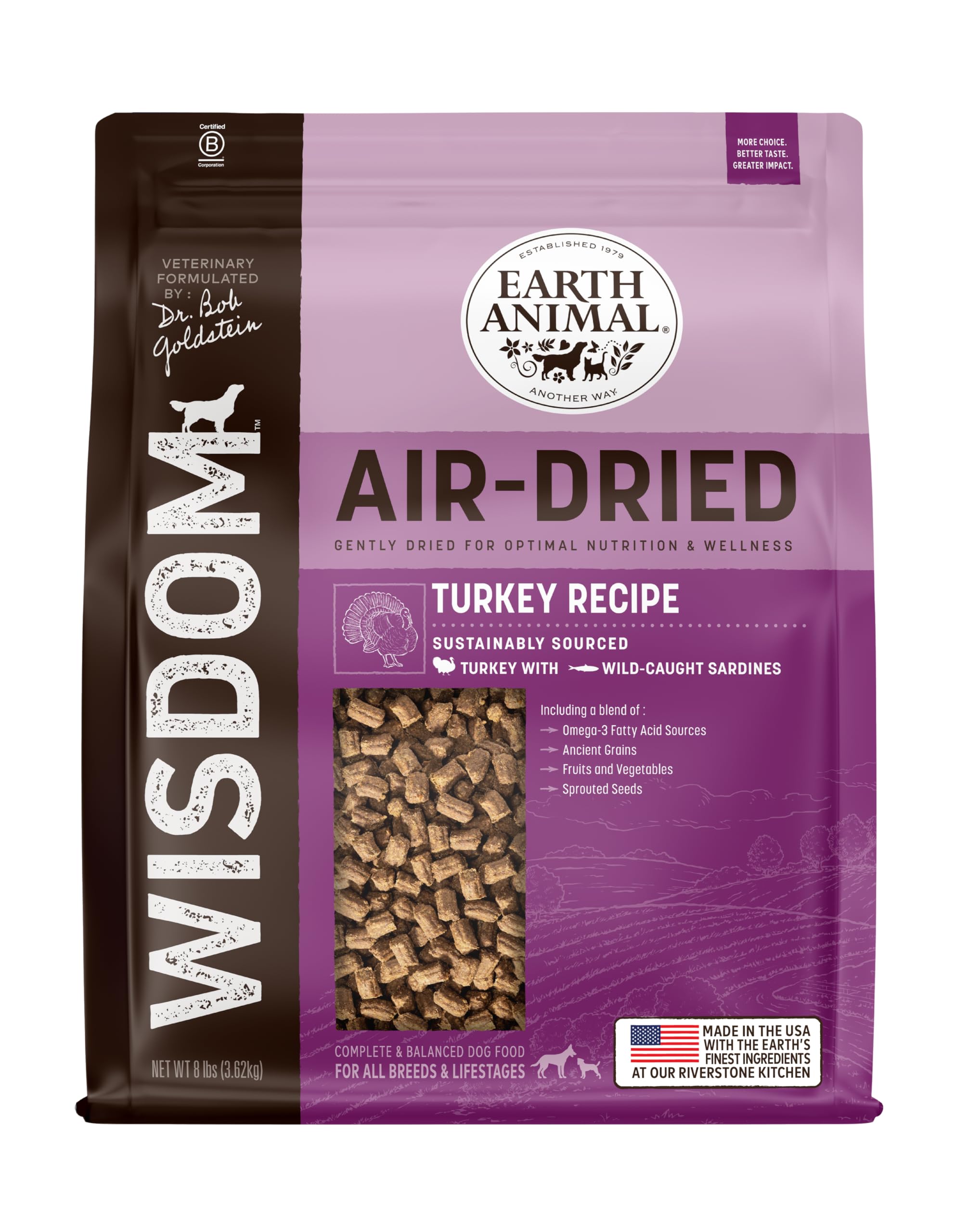 Earth Animal Wisdom Air Dried Dog Food - Turkey Recipe Premium Natural Dry Dog Food for All Breeds & Ages - 8 Lbs Bag