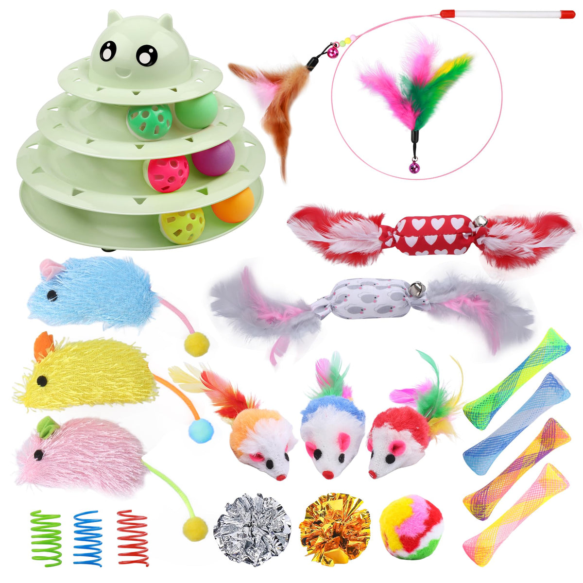 Upsky 24 Pcs Cat Toys, 3-Level Turntable Kitten Toys Set, Interactive Cat Roller Toys For Indoor Cats, Catnip Toys, Cat Teaser T