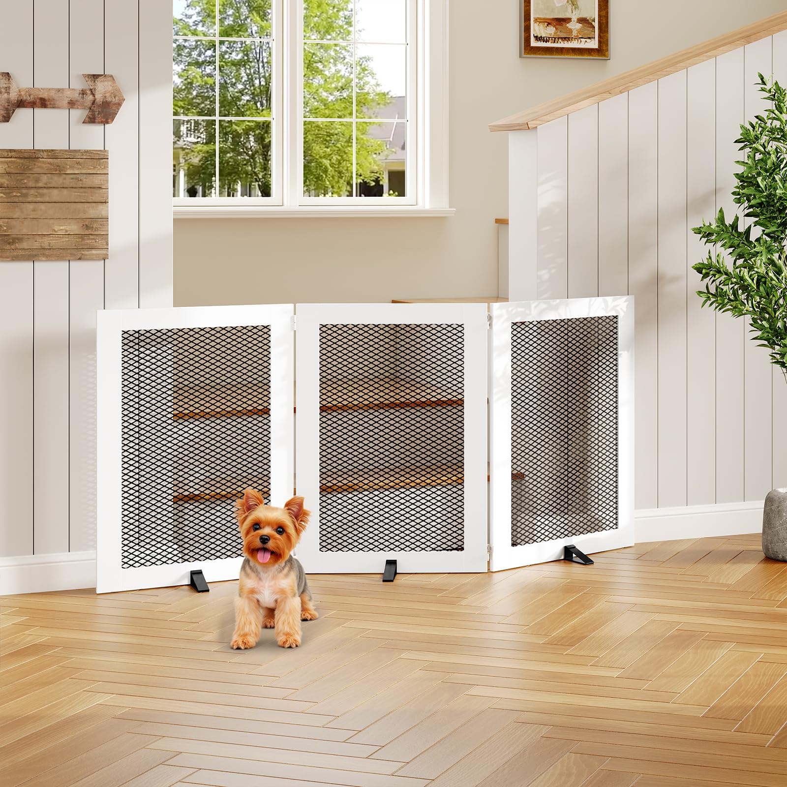 MAHANCRIS Freestanding Dog Gate Indoor, Foldable Wooden Pet Gate for The House Stairs Doorways, 4 Panels Tall Dog Fence with Sup