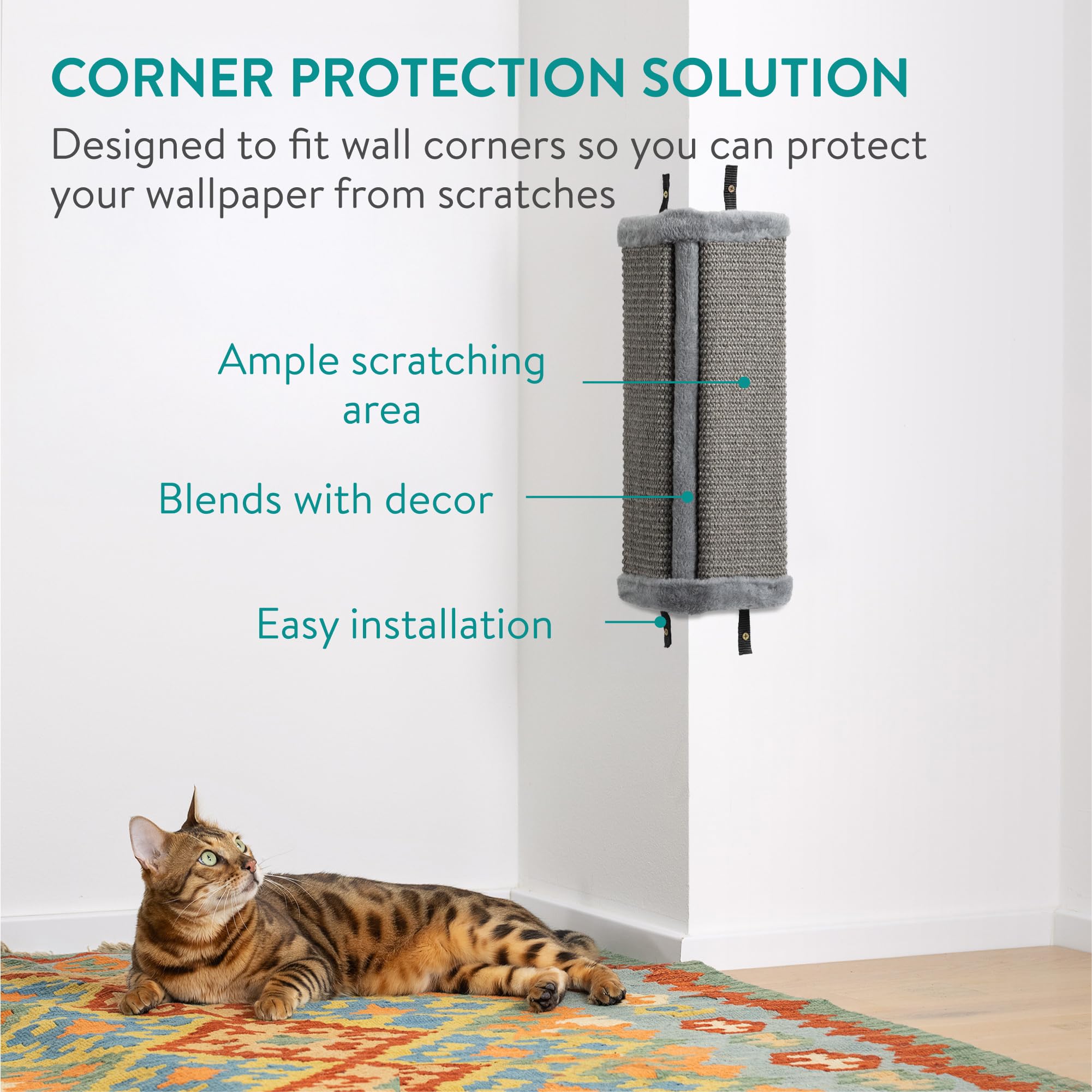 Navaris Wall Mounted Cat Corner Scratcher, Set Of 2, Grey - Durable Sisal Cat Scratching Essentials - 4 Nylon Straps For Secure