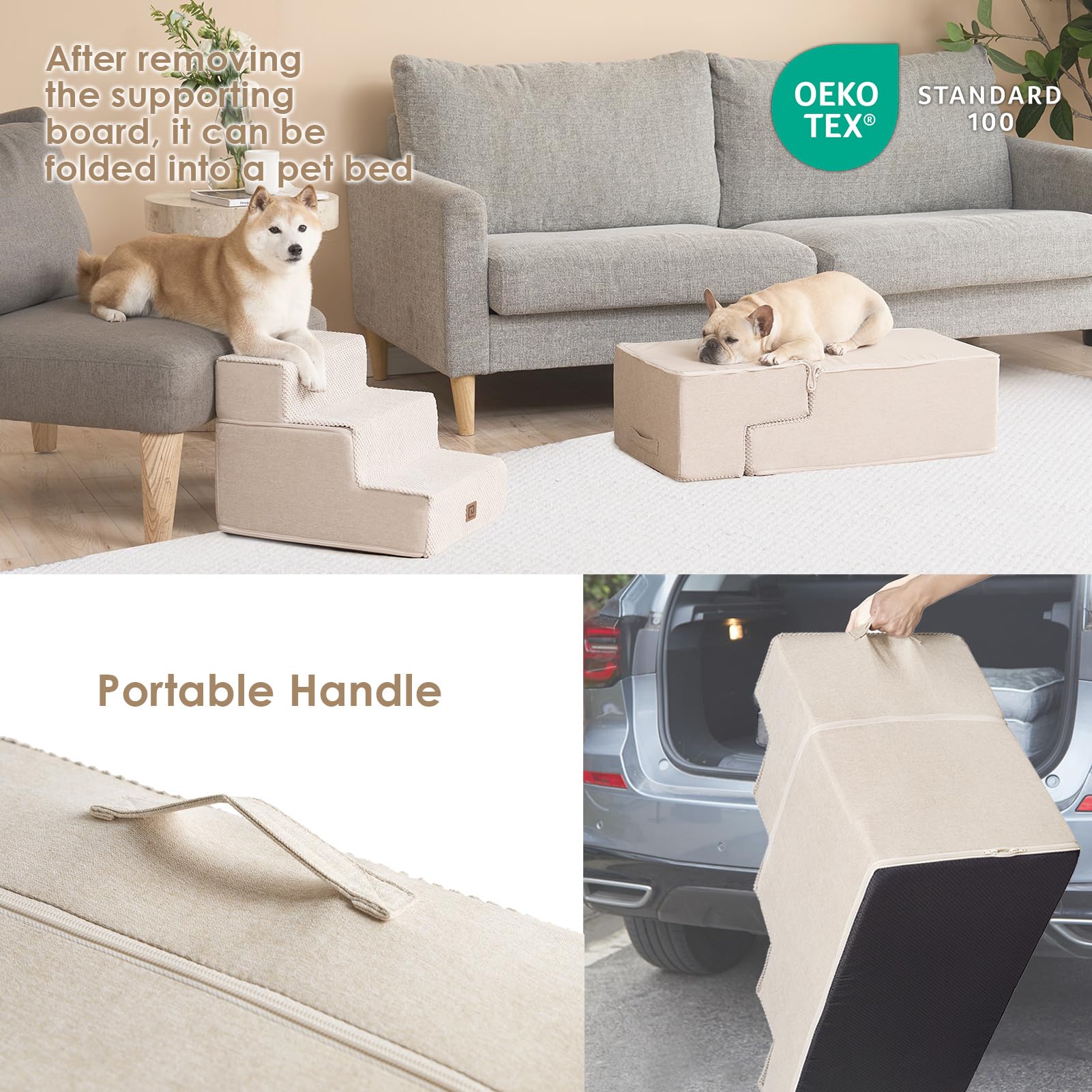 Eheyciga Dog Stairs For Bed 18”H, 4-Step Dog Steps For High Bed, Pet Steps For Small Dogs And Cats, Non-Slip Balanced Dog Indoor Ramp, Beige