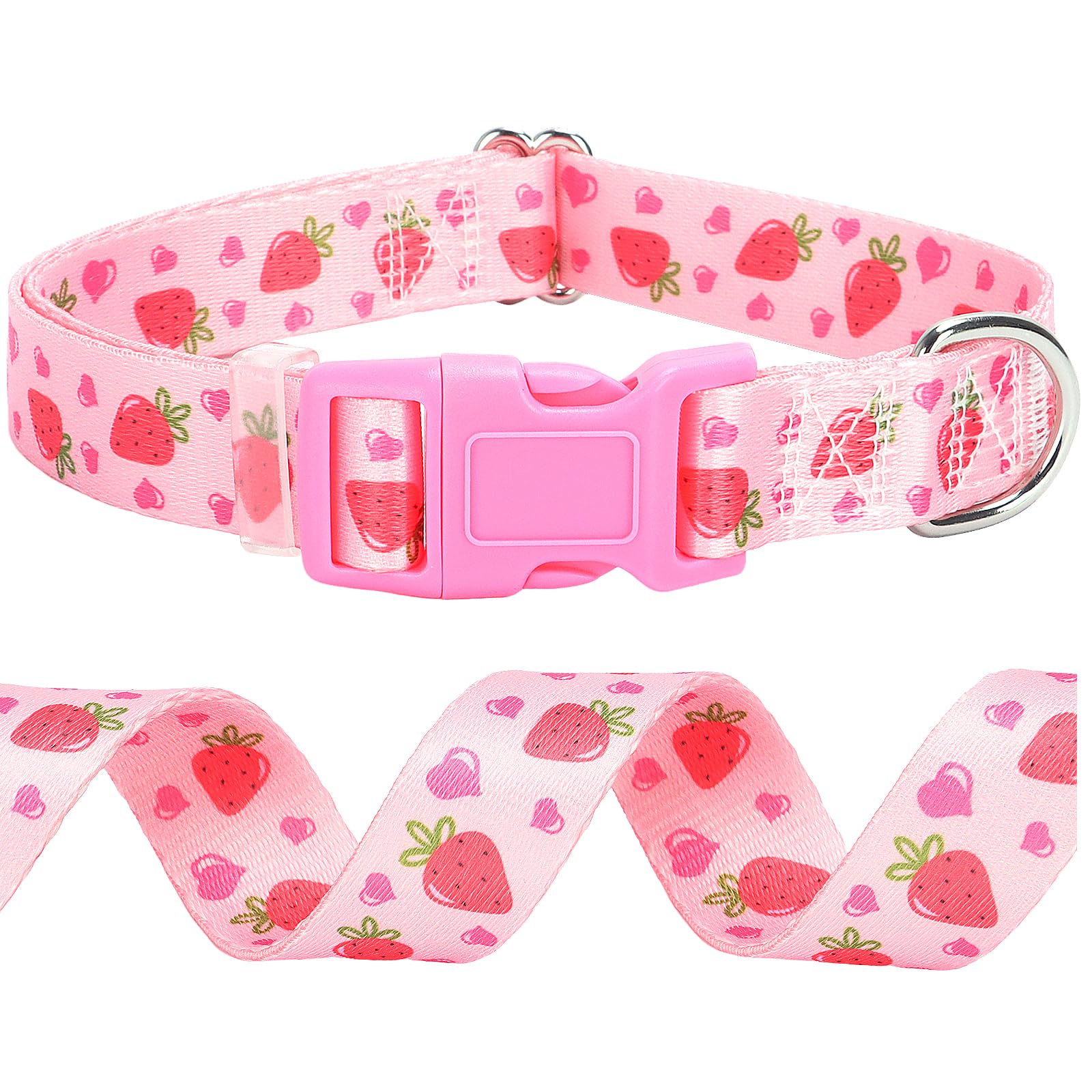 Onefojojo Dog Collar - Cute Pink Strawberry Design, Soft Nylon Adjustable Collar For Medium Dogs, Quick-Release Buckle, Durable 