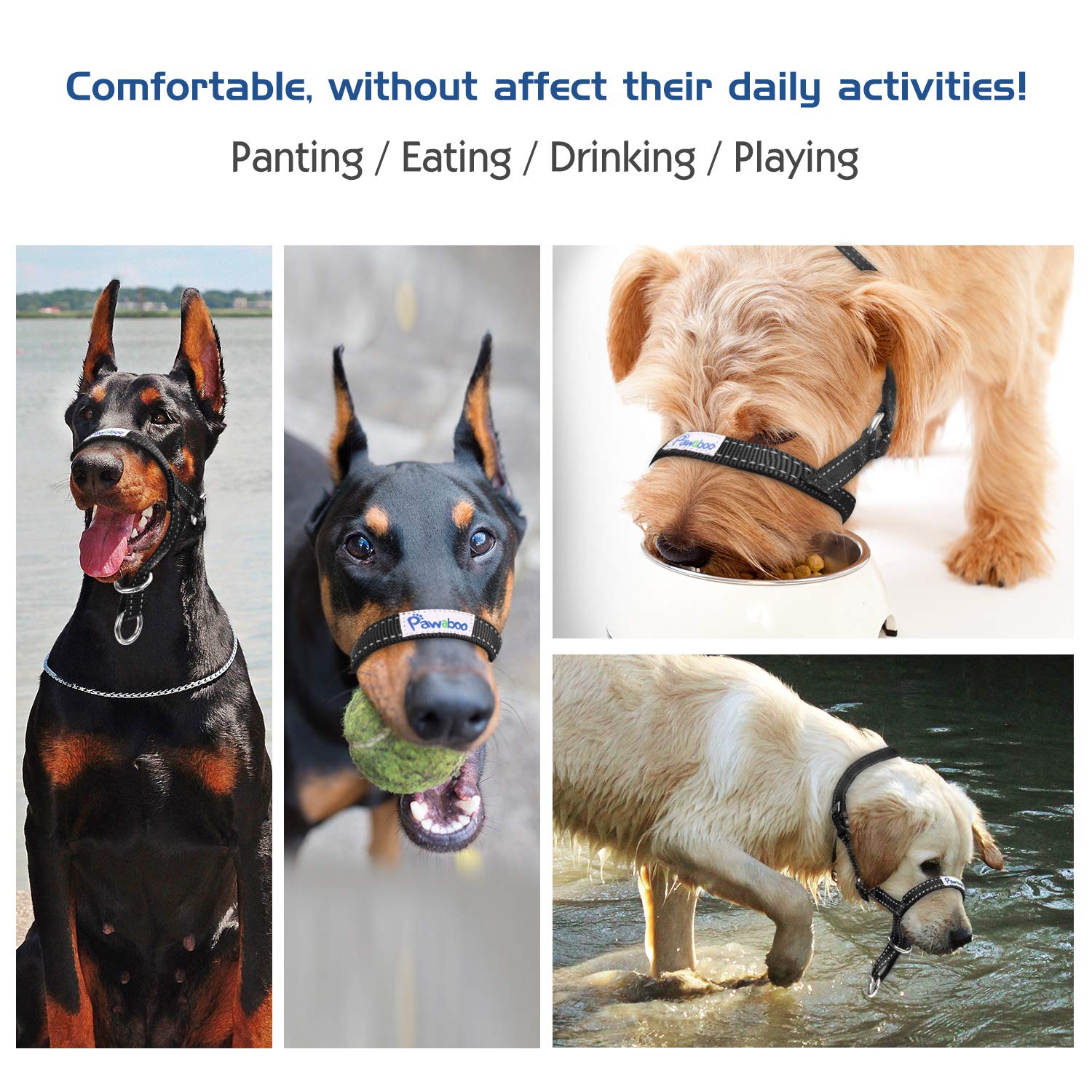 Pawaboo Dog Muzzle, Head Halter Collar For Dog, Pet Dog Nylon Reflective Adjustable Loop Anti-Biting Barking Control Easy Fit Dog Stops Dog Pulling Head Leash, Small Size, Black