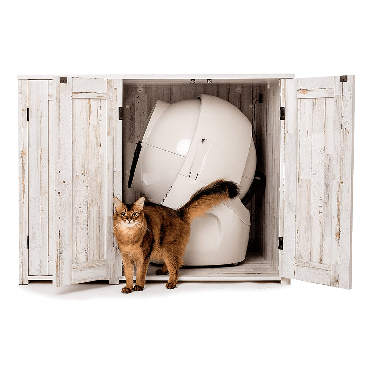 Whisker Litter-Robot Credenza With Litter Box Enclosure, Rustic White Plank Finish, 43.2    W X 28.1    D X 33.1    H, Stylish A