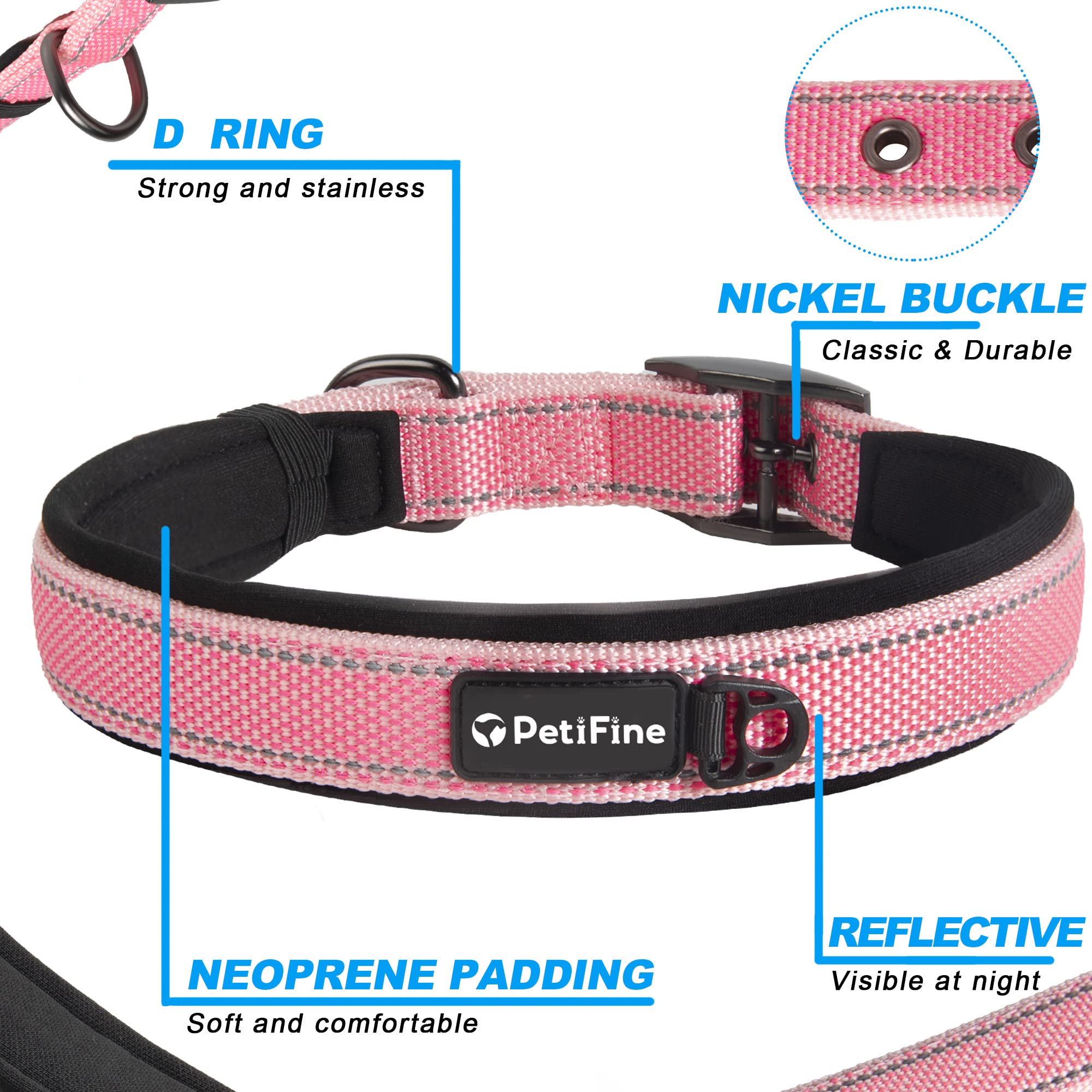 Petifine Neoprene Padded Dog Collar, Heavy Duty Comfort Dog Collar With Durable Metal Buckle, Reflective Adjustable Belt Buckle Dog Collars For Small Medium Large Dogs(14.5''-19'', Pink)