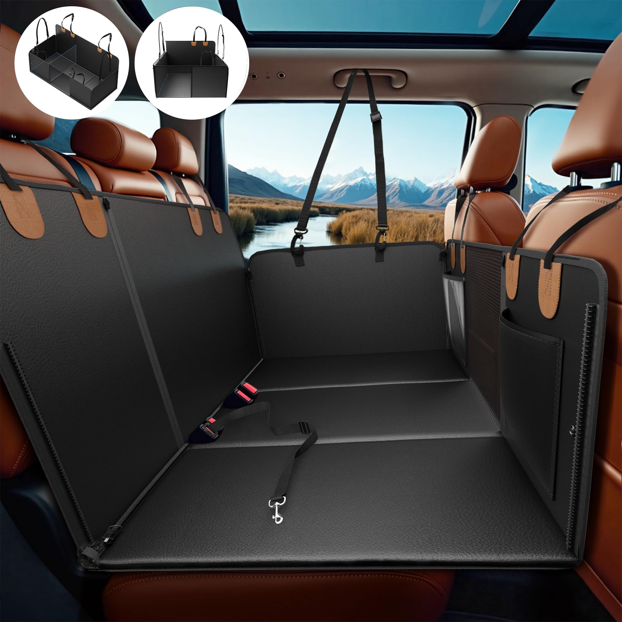 Gamkii Dog Car Seat Cover, Waterproof Backseat Extender With Hard Bottom & Storage Pocket, 3 Or 2 Seats Available, Dog Car Hammo