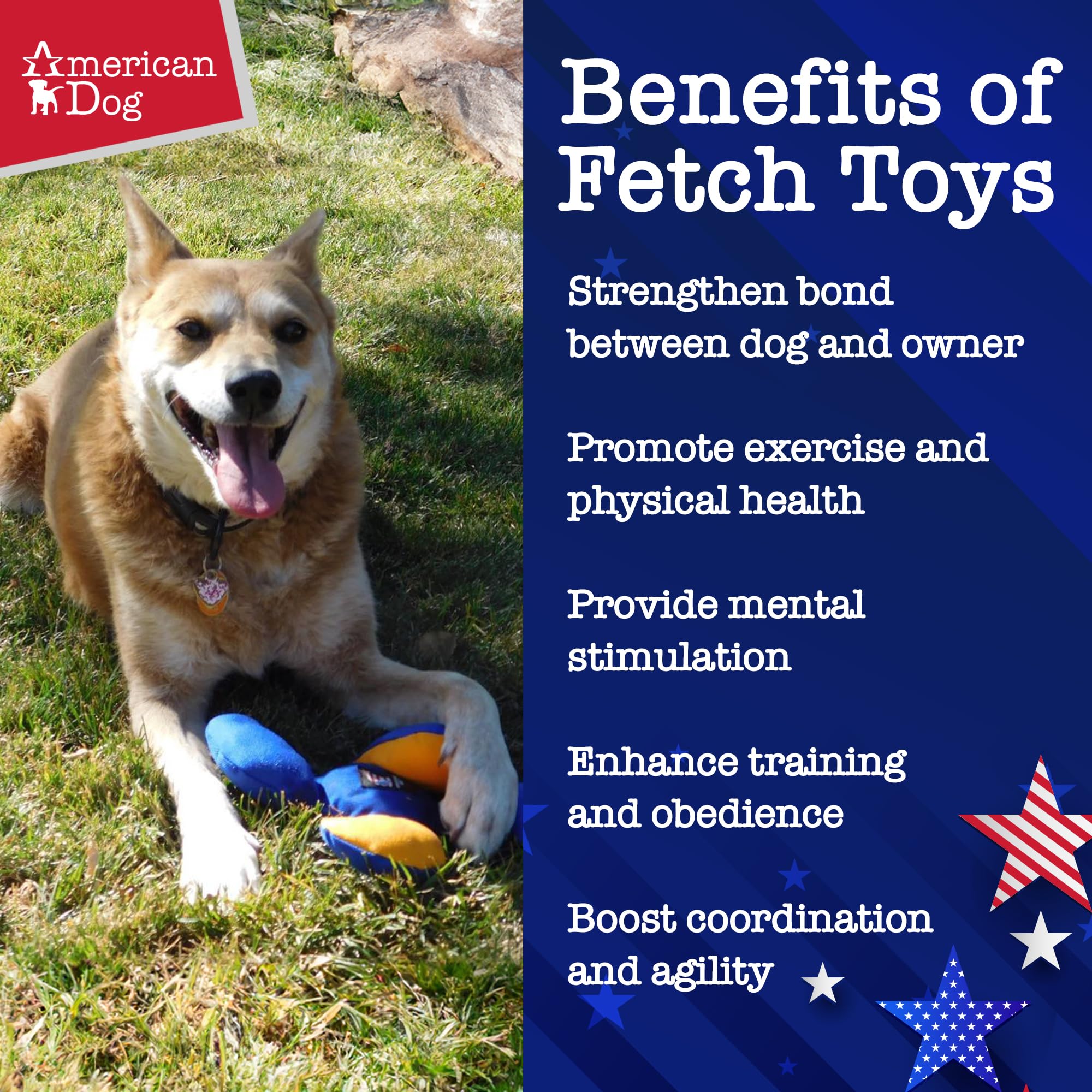American Dog Lucky Dog Star - Durable Fetch Dog Toy Made In Usa From Pet-Safe, Machine-Washable 1000D Nylon Material With Squeak