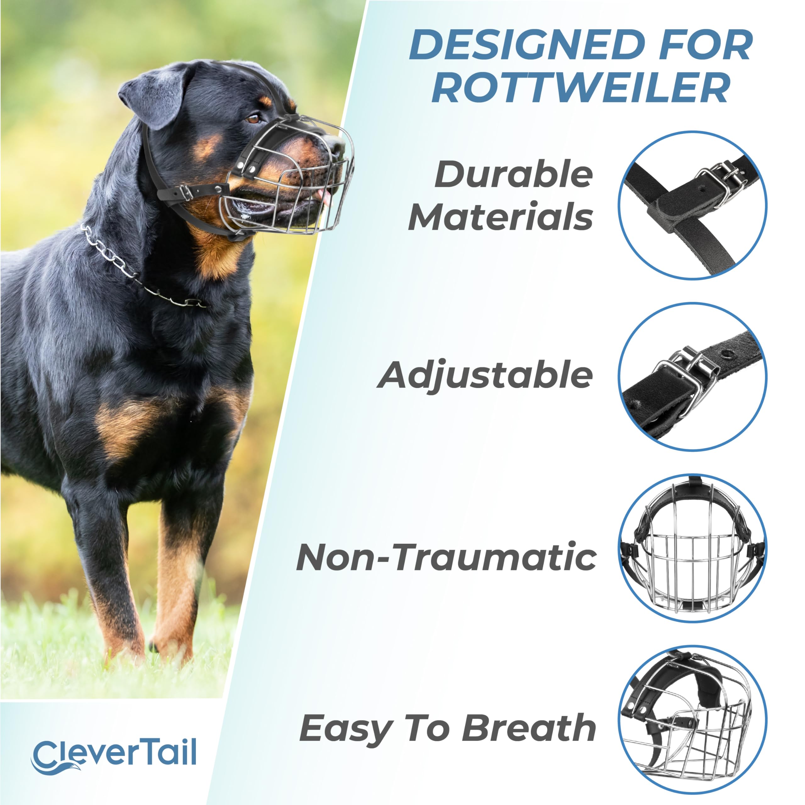 Clevertail Extra Large Dog Muzzle For Rottweiler - Xl Heavy Duty Rottweiler Muzzle - Metal Large Dog Muzzle For Barking And Biti