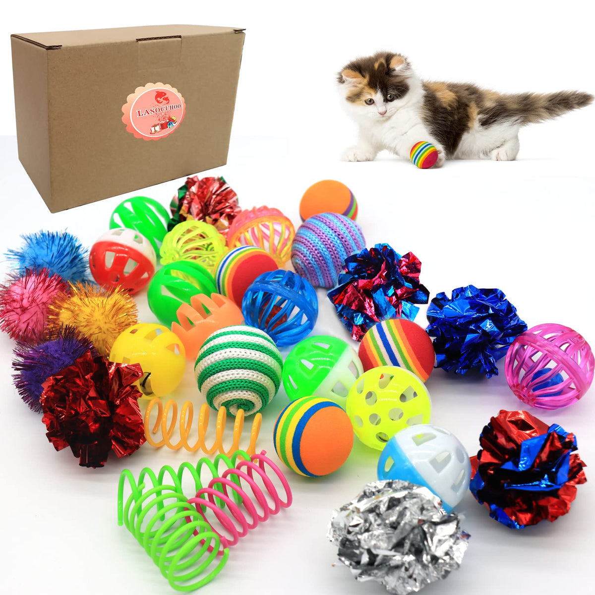 Lasocuhoo Cat Toys, Kitten Cat Ball Toys Assortments, Including Rainbow Ball, Crinkle Ball, Sparkle Ball, Bell Balls, Sisal Ball