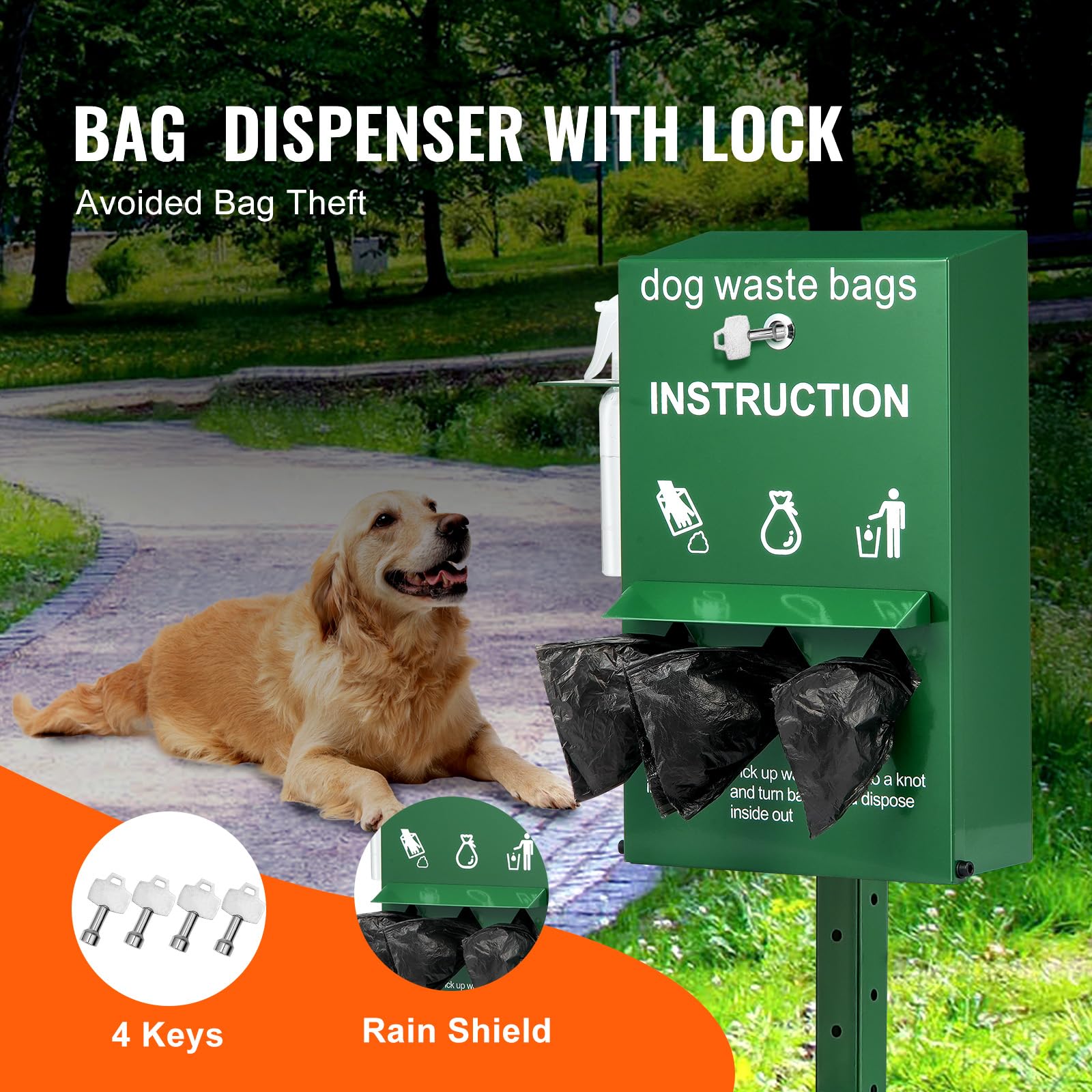 VEVOR Dog Poop Bag Dispenser with Hand Wash Bottle, Lockable Outdoor Dog Waste Bag Holder with 600 Waste Bags, Stake, Pole, Fenc