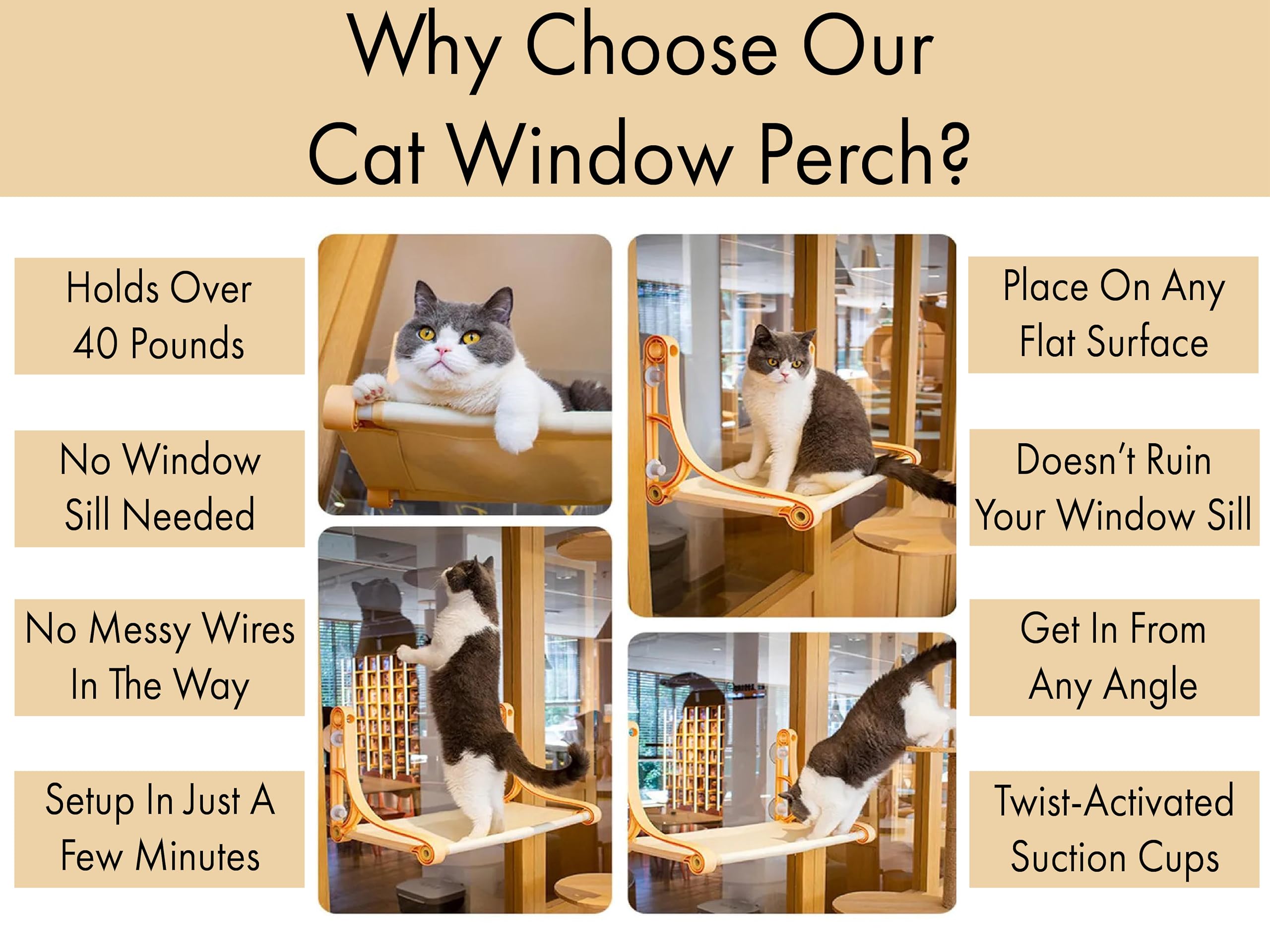 Dwd Cordless Cat Window Seat - Cat Window Hammock - Pet Wall Hammock - Upgraded Model - Holds Over 20Lbs - Perch For Animals To